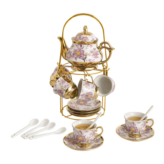 20Pcs Porcelain Tea Set for Adults, European Ceramic Tea Set Flower Ceramic Tea Cups (3oz), Teapot (15oz), & Saucers with Metal Holder for Women Tea Party (Purple)