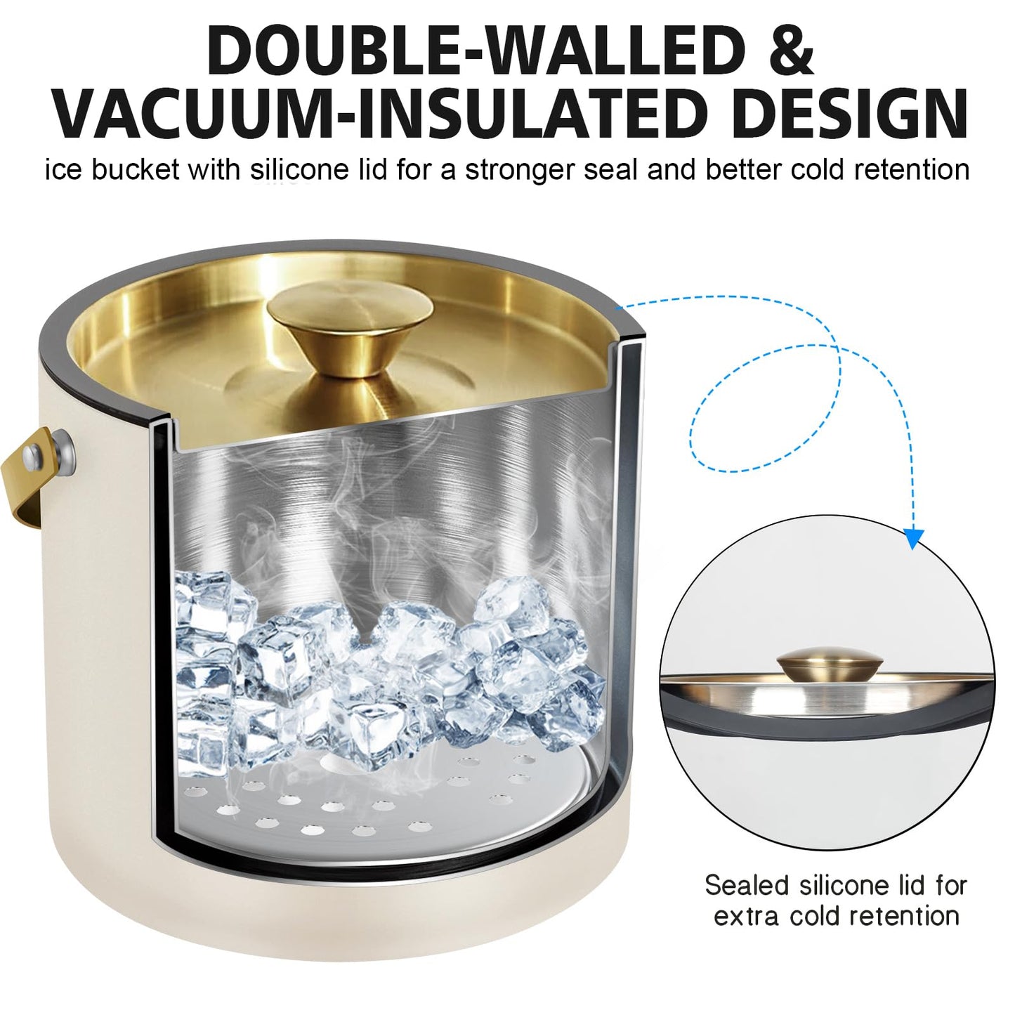 3.2L Modern Insulated Ice Bucket with Silicone Lid, Scoop, Strainer, Double Wall Stainless Steel Ice Bucket for Parties & Cocktail Bar,Ideal for Gift