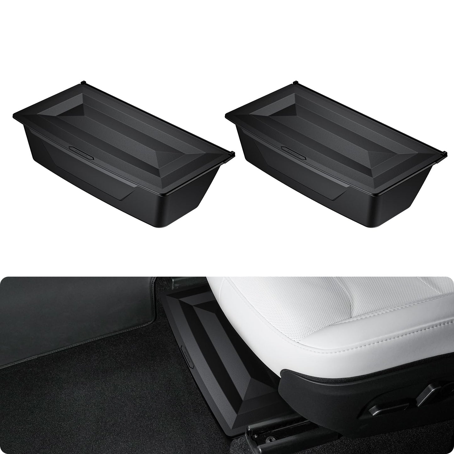 BASENOR 2PCS 2026 Tesla Model Y Juniper Under Seat Storage Box, Hidden Organizer Tray [No-Slip] with Dust Lid, Underseat Storage for 2025 2026 Model Y Juniper (Standard/Premium/Performance)
