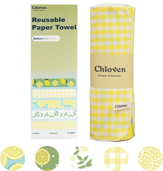 Chloven Reusable Paperless Paper Towels - Paperless Towels Roll Washable Cotton Cloth, Kitchen Paper Towels with Durable Cardboard Roll,25 Pack Zero Waste Reusable Napkins Alternative