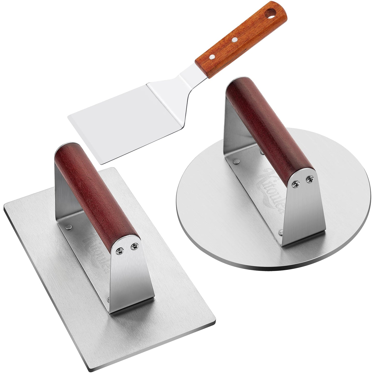 Stainless Steel Burger Press Kit, Heavy-Duty Thicken Smash Burger Press with Heat Resistant Wooden Handle Grill Press Bacon Sandwich Meat Press Non-Stick Bacon Press, 6.3 Inch