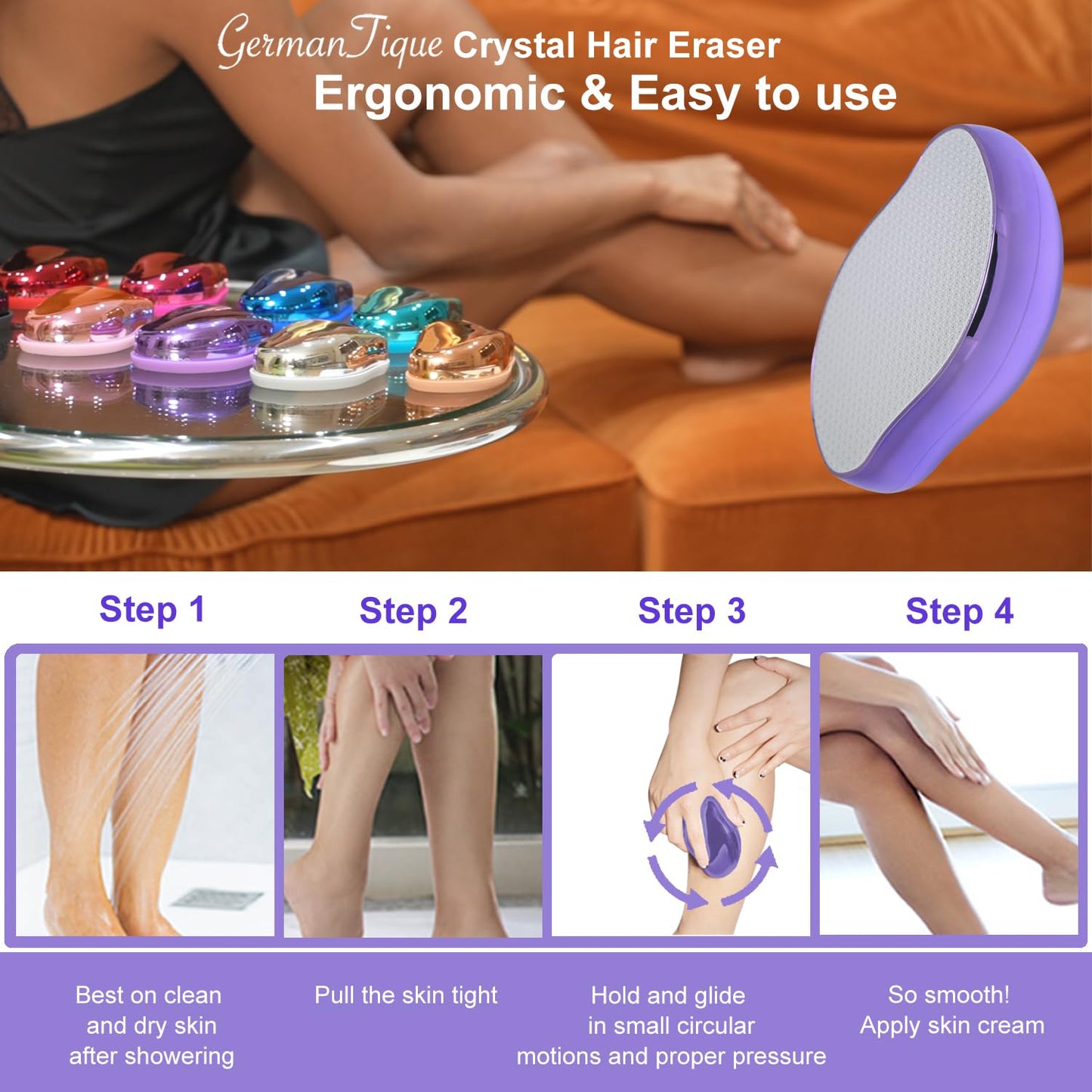Germantique Crystal Hair Eraser,Natural Crystal Hair Remover,Reusable Painless Nano Glass Hair Removal Device without Shaver,Gentle Crystal Epilator and Exfoliator for Soft Silky Skin(Violet)