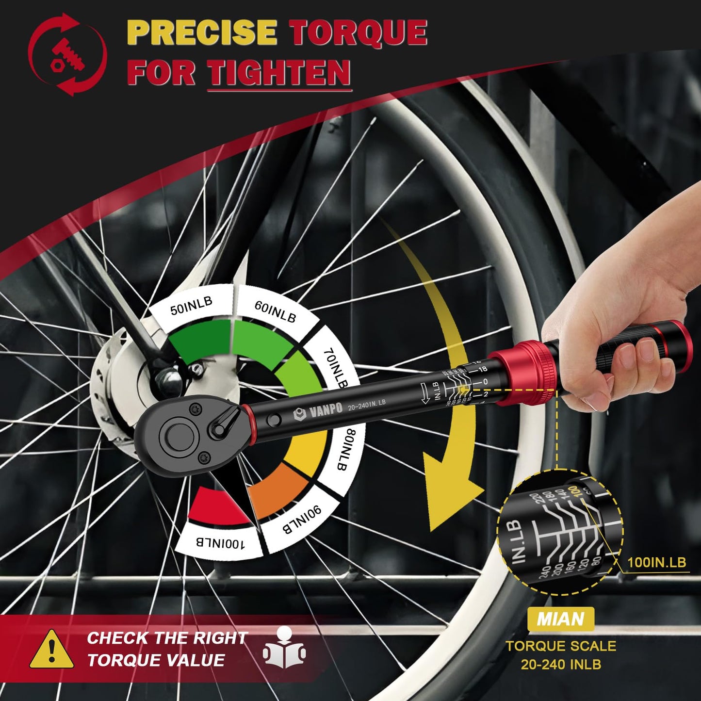 VANPO 1/4" Drive Click Torque Wrench, 20-240 in.lb/2.3-27.1 Nm, ±3% Accuracy, High Accuracy Dual-Direction Inch Pound Torque Wrench with Adapter & 10cm Extension Bar for MTB and Road Bike
