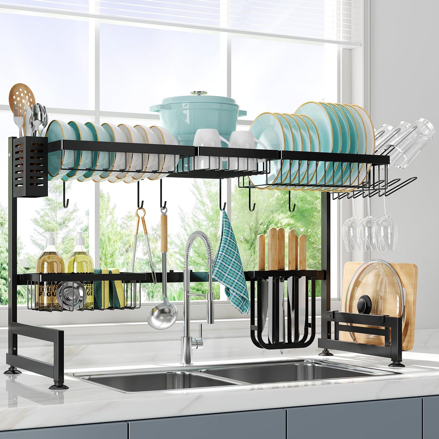 MAJALiS 2 Tier Over Sink Dish Drying Rack Stainless Steel Large Drainer for Kitchen, Height Adjustable Above Sink Shelf, Expandable Space Saving Over Counter Organizer with 6 Hooks, Black