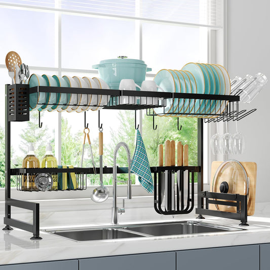 MAJALiS 2 Tier Over Sink Dish Drying Rack Stainless Steel Large Drainer for Kitchen, Height Adjustable Above Sink Shelf, Expandable Space Saving Over Counter Organizer with 6 Hooks, Black