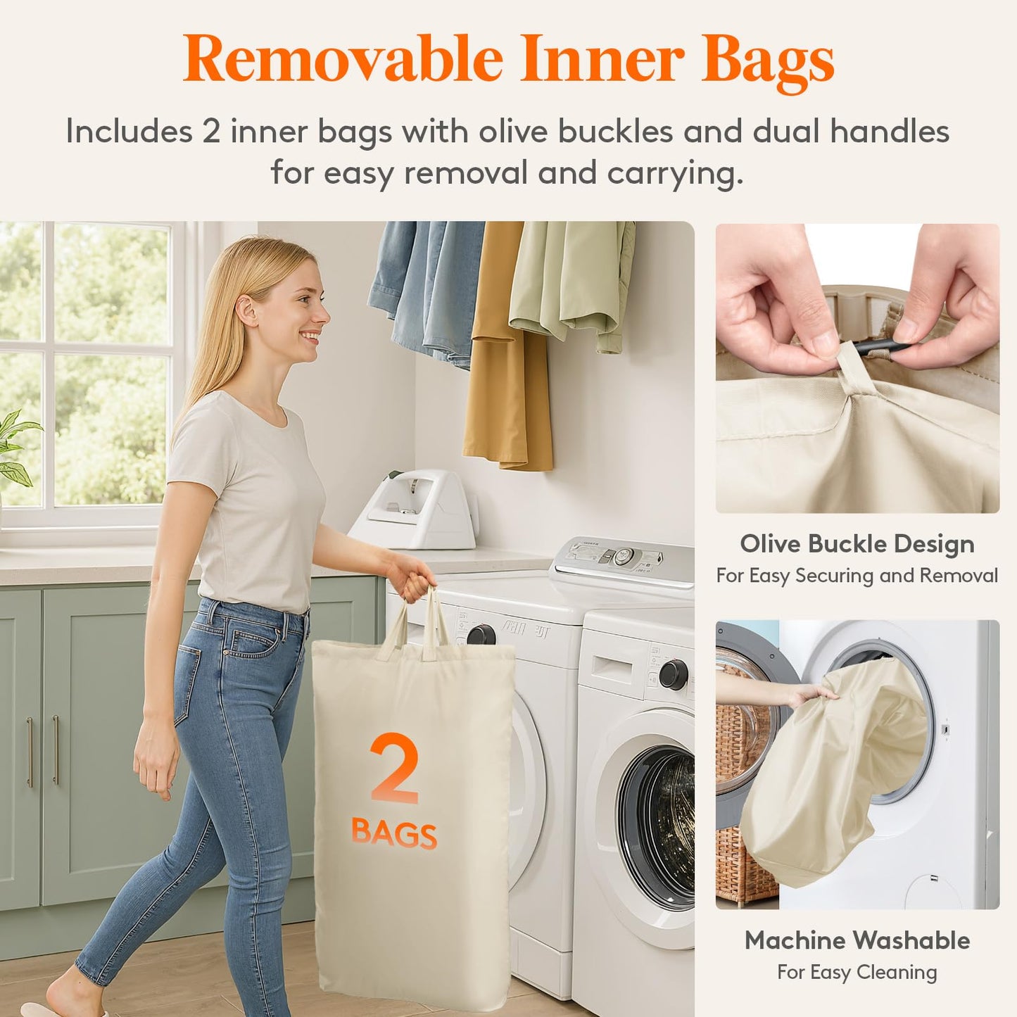 Lifewit 145L 2 Sections Laundry Hamper with Lid, Large Double Laundry Basket with Removable Bags, Plastic Tall Divided Dirty Clothes Hamper for Bedroom, Bathroom, Dorm, Laundry Room, Beige