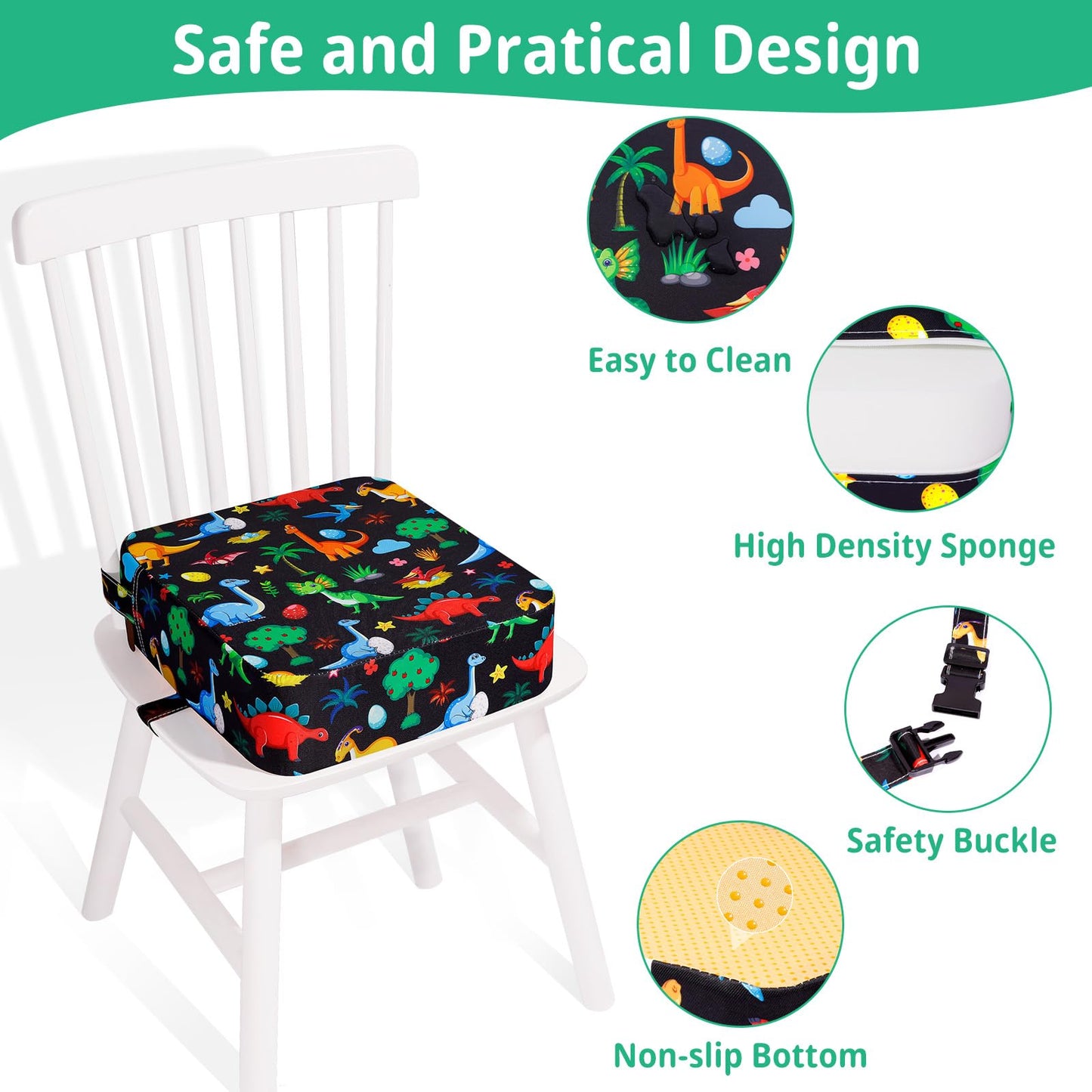 TOTIDYH Toddler Booster Seat for Kitchen Chair, Non-slip Kids Dining Table Booster Seat with Adjustable Safer Straps, Portable Baby Eating Travel Camping Increasing Cushion, Black Dinosaur