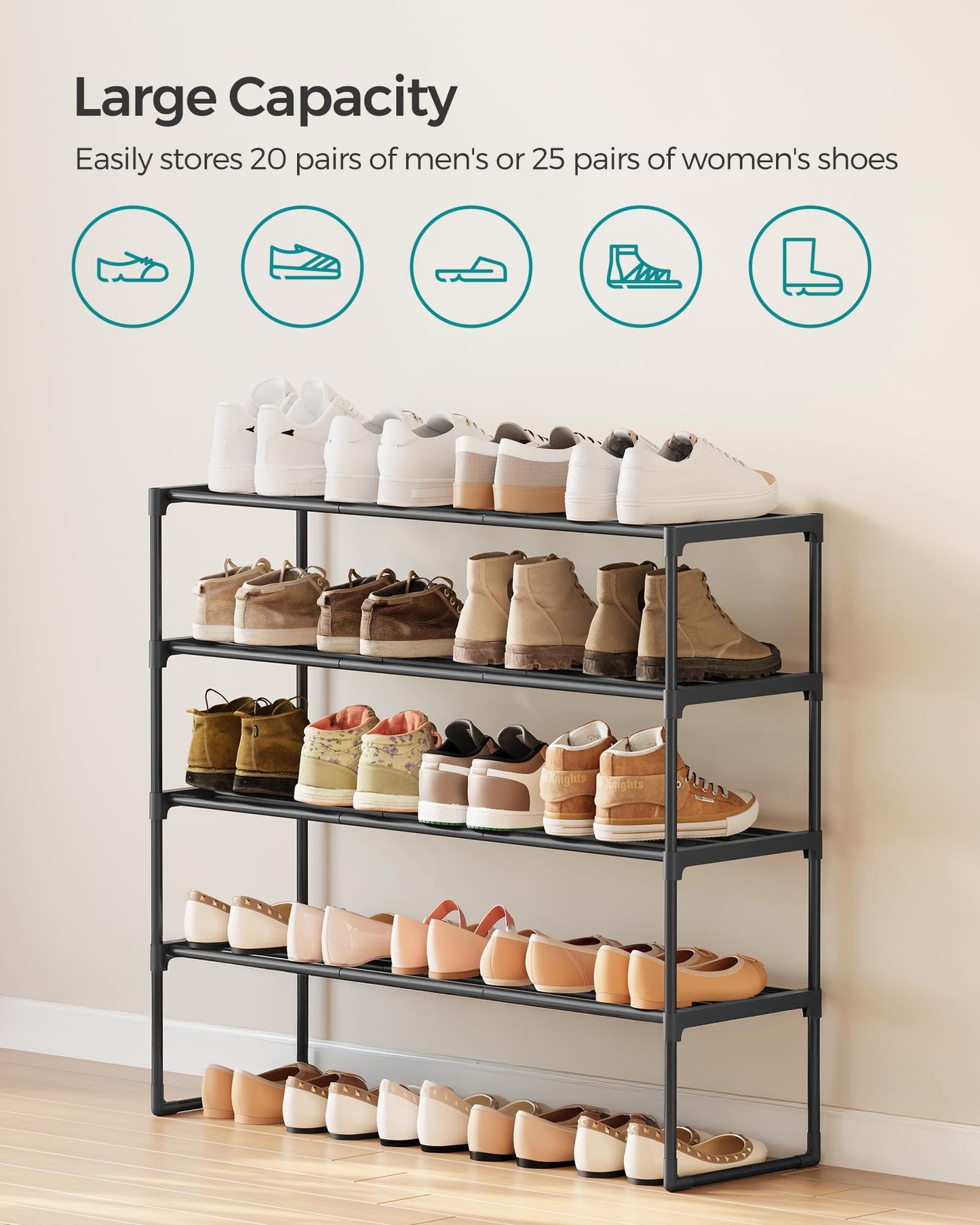 SONGMICS Shoe Rack, 4-Tier Shoe Organizer, Sturdy Storage Shelf, Upright or Upside Down, for 20-25 Pairs, Stackable, for Entryway, 30 x 92 x 75 cm, Black ULSA14BK