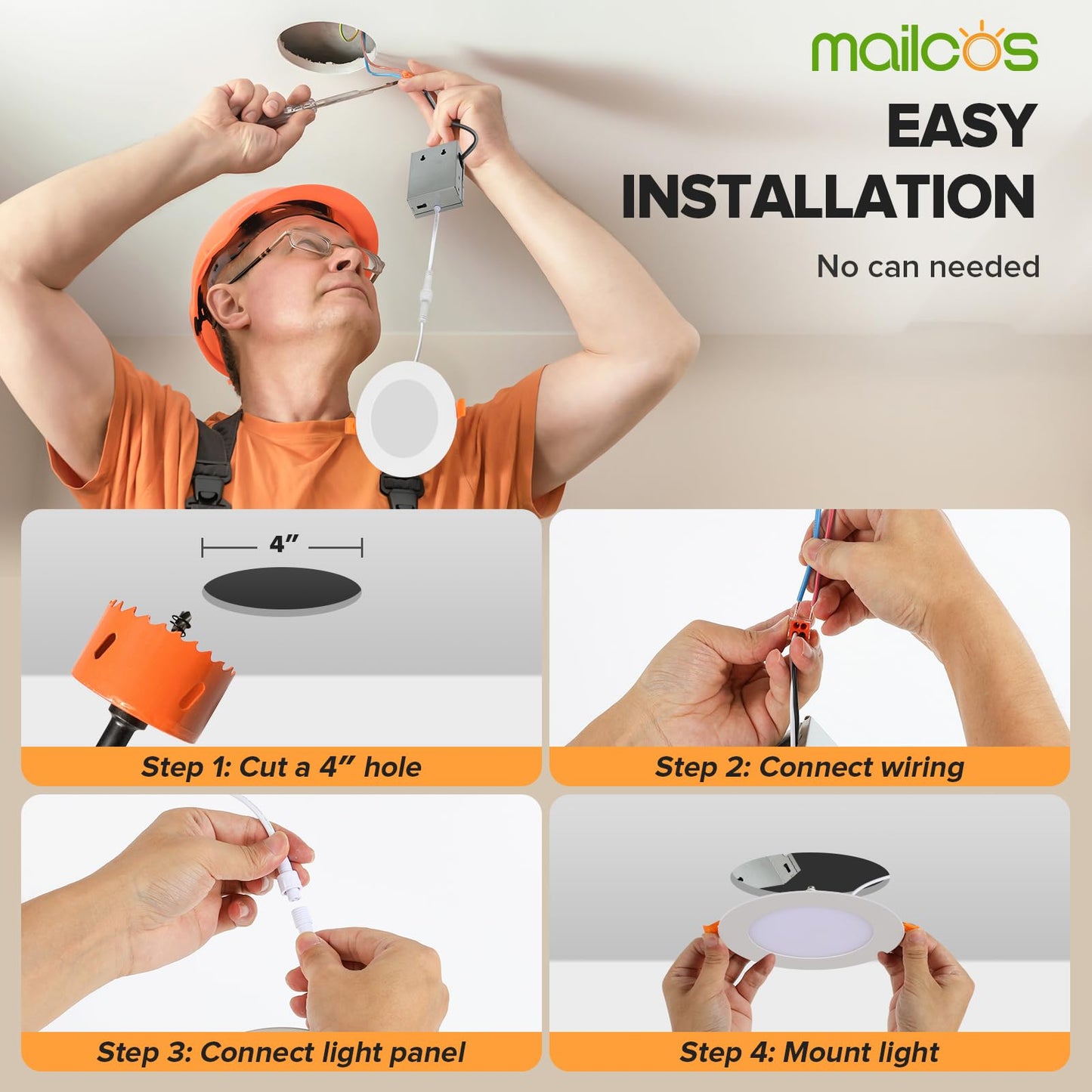 MAILCOS 6 Pack 4 Inch 5CCT Ultra-Thin LED Recessed Ceiling Light with Junction Box, 2700K-5000K Selectable, 810LM High Brightness, Dimmable Canless Wafer Downlight, 9W 120V, ETL