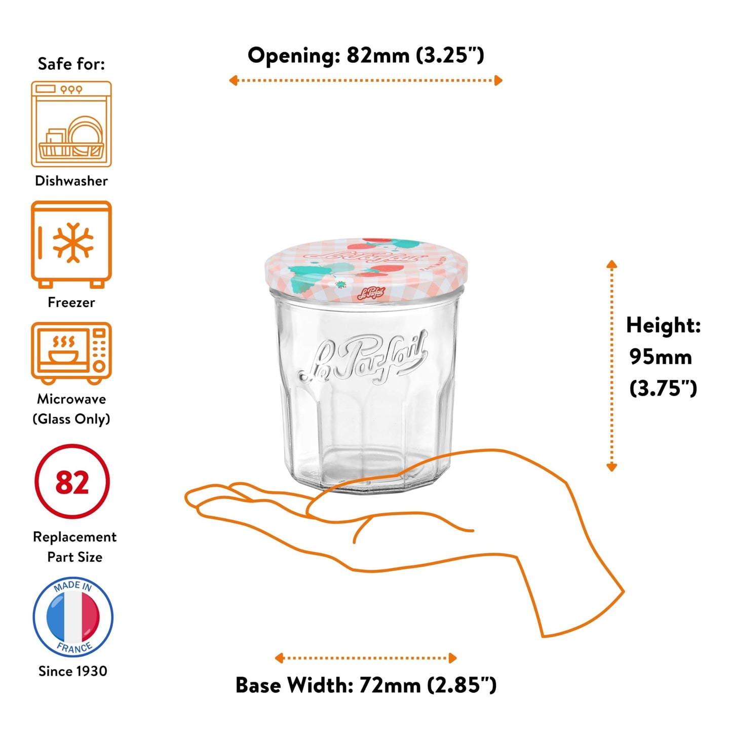 Le Parfait Jam Jars Clear Canning Jars w/Colorful Airtight Metal Lids | Sturdy French Faceted Non-Slip Glass Body | Works for Jam + Jelly Storage, Snacks, Picnic, DIY| 11oz (Pack of 6) 324ml