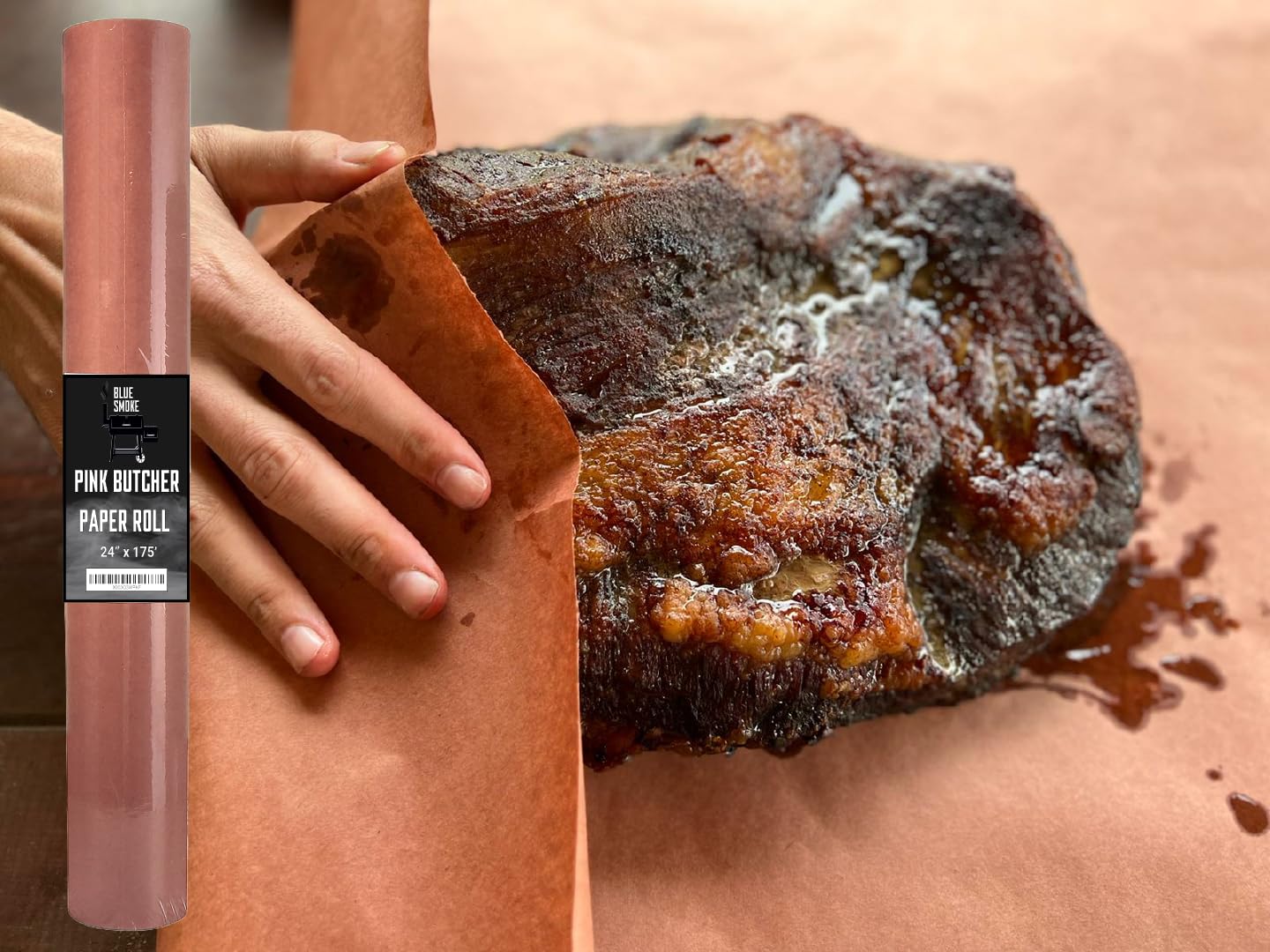 Blue Smoke Extra Wide Pink Butcher Paper Roll (24 inch x 175 feet), Unwaxed, Uncoated, Food Grade Kraft Paper Roll, Craft Paper roll, for Smoking Meat, Peach Butcher Paper, Wrapping Paper, BBQ Paper