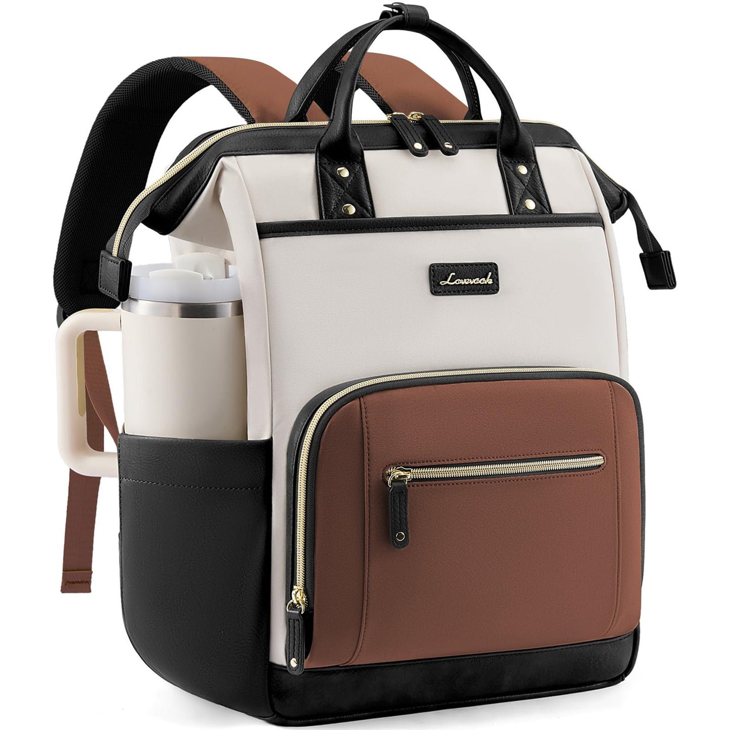 LOVEVOOK Laptop Backpack for Women, Beige-black-brown, 15.6 Inch, College Commuter Laptop Travel Work Computer Teacher Business Carry on Backpack