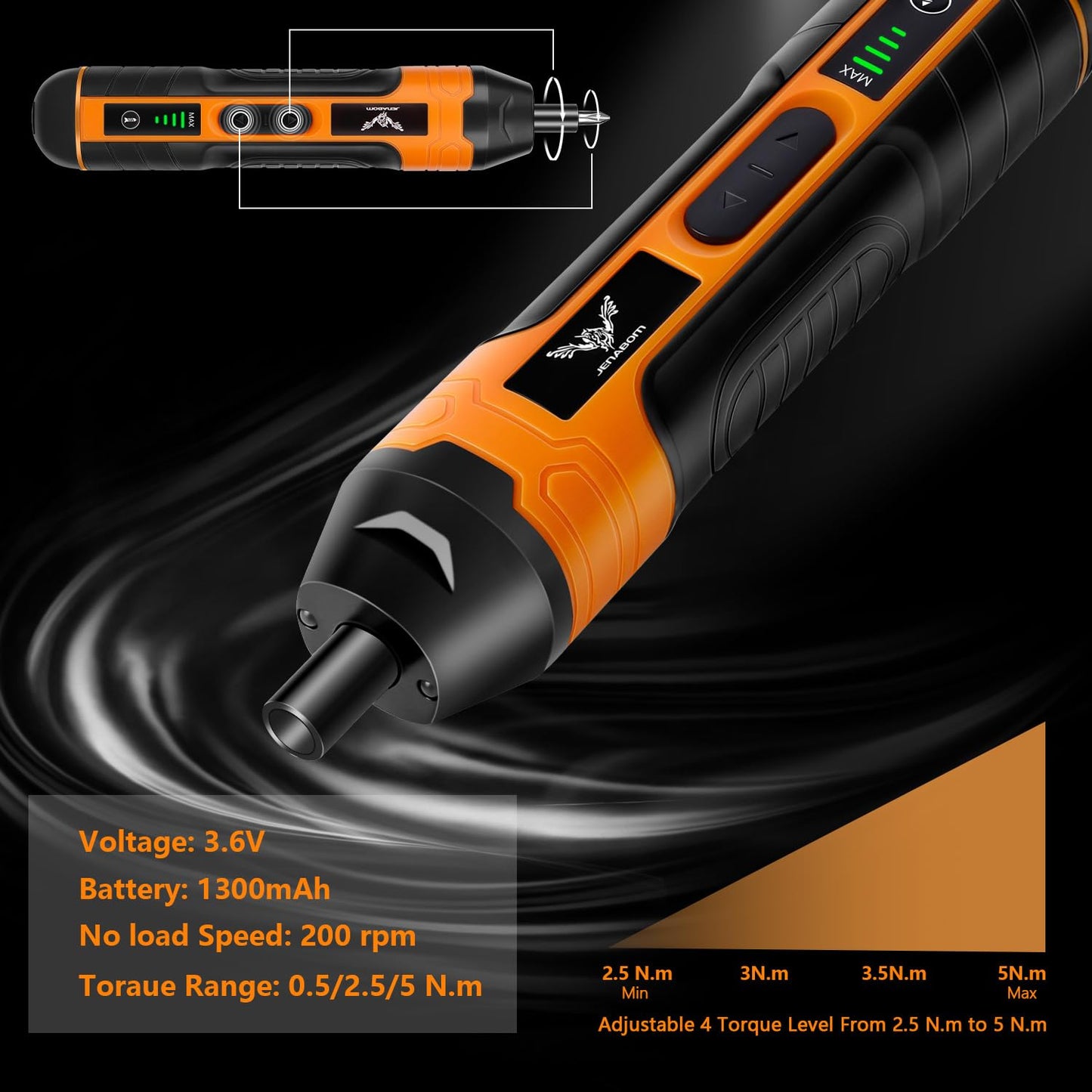 JENABOM 105 in 1 Electric Cordless Screwdriver,4-Gear Torque,LED Light,5N.m Max Adjustable Torque,3.6V Rechargeable Screwdriver for Daily & Light Industrial use (Orange)