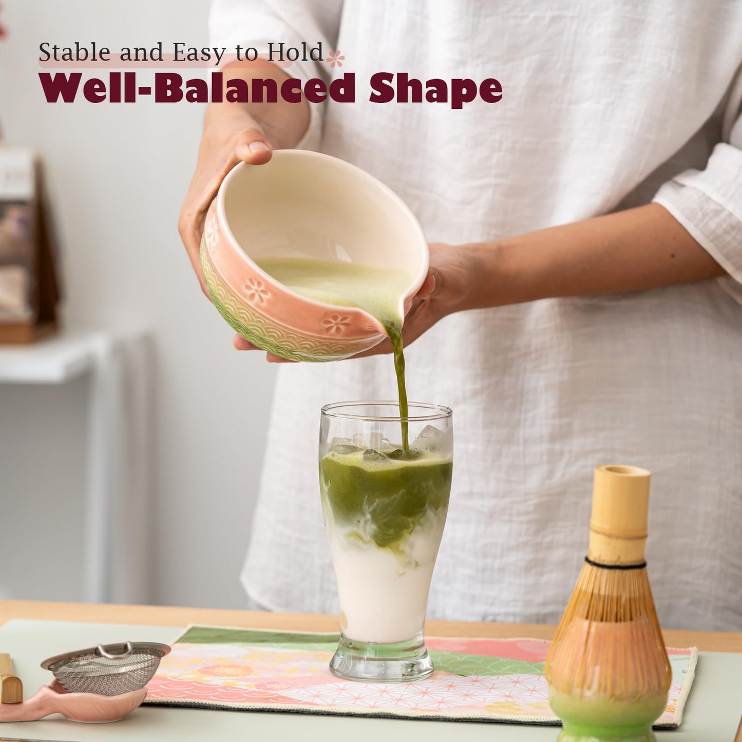 Matcha Tea Set, 8 Pcs Japanese Matcha Kit with Cherry Blossom and Wave Design Ceramic Bowl, Bamboo Whisk, Whisk Holder, Scoop, Sifter, Brush, Matcha Whisk Set for Matcha Lovers (Pink-Green)