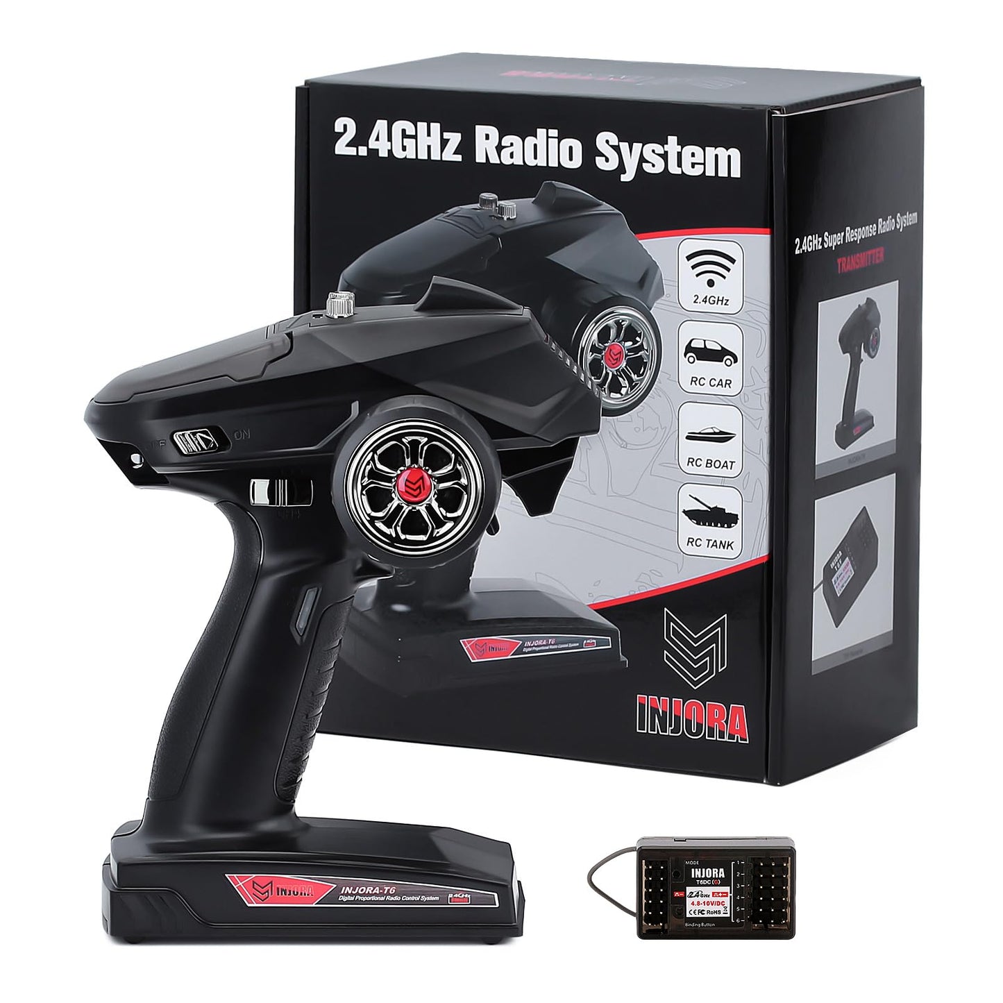 INJORA RC Transmitter 2.4GHz 6CH Controler and Receiver for 1/8 1/10 RC Car Boat Tanks Crawler TRX4 SCX10(T6DC)
