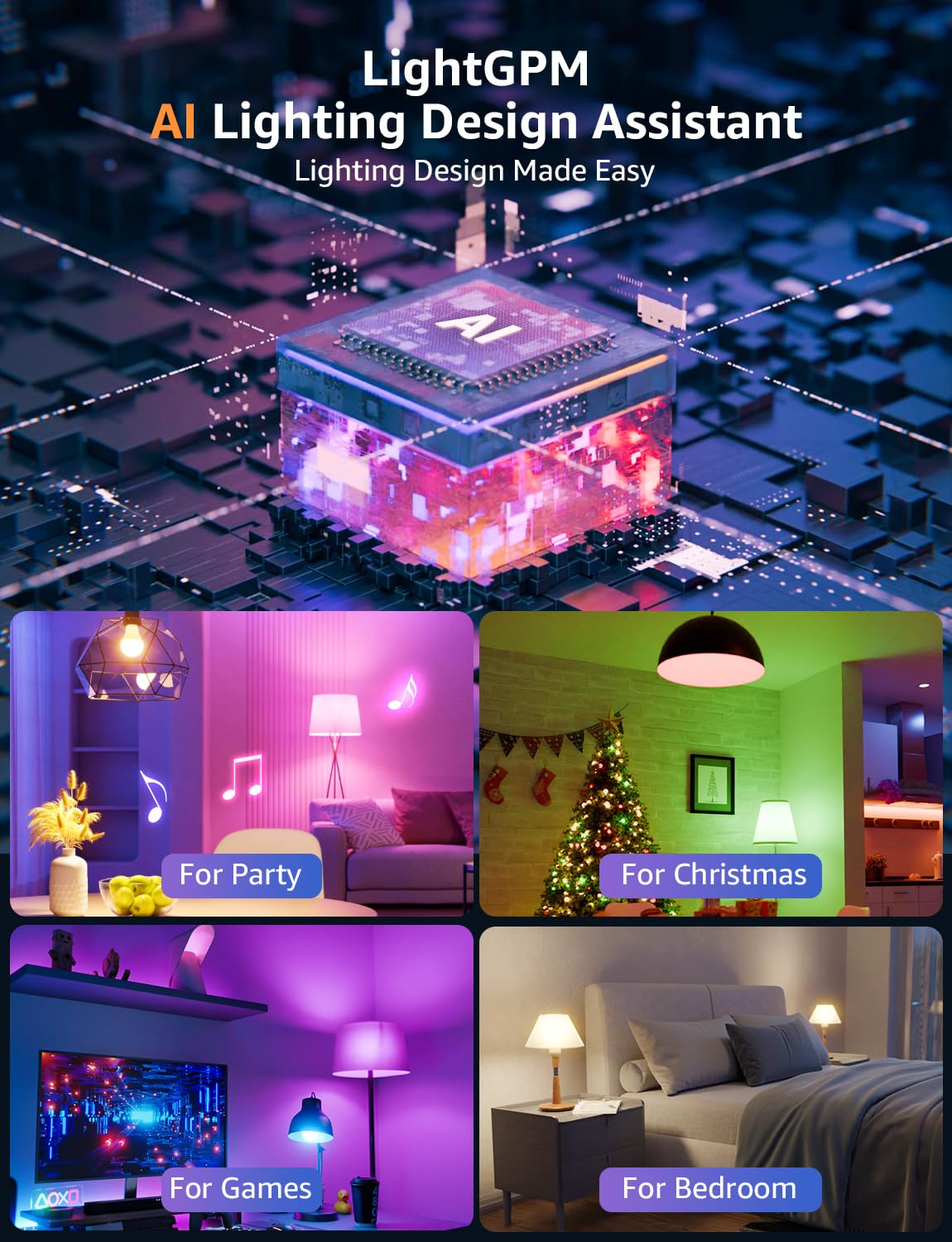 Lepro BR1 AI Smart Light Bulbs, Dimmable BR30 Bulbs, Work with Alexa & Google Home, Music Sync, RGBWW Colour Changing Light Bulb, Flood Light Bulbs, WiFi & Bluetooth Via Lepro App, LLM, E26, 4 Pack