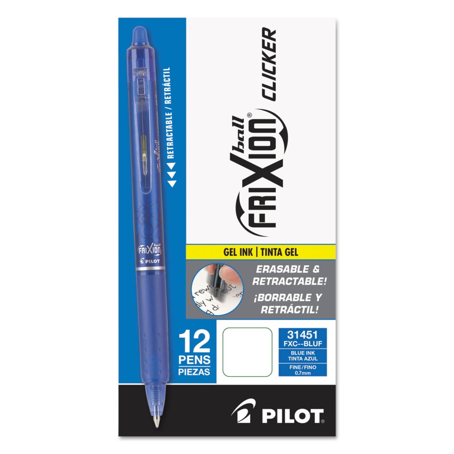 Pilot FriXion Clicker Retractable Erasable Gel Pens, Fine Point, Blue Ink, Dozen Box -31451