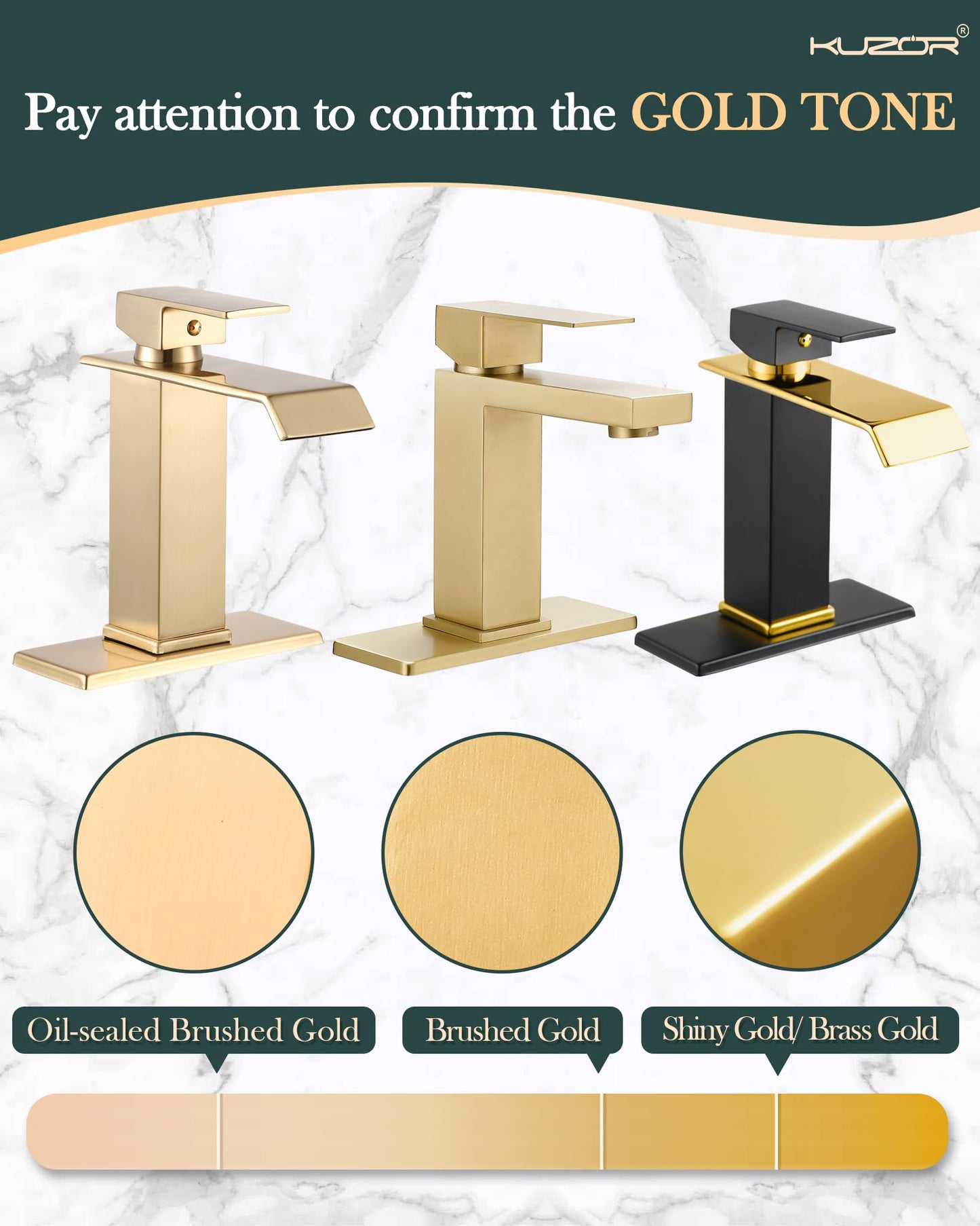 KUZOR Black & Gold Waterfall Bathroom Sink Faucet – Single Hole 304 Stainless Steel Faucet with Metal Pop-Up Drain, Low-Profile Design for Modern Vanities