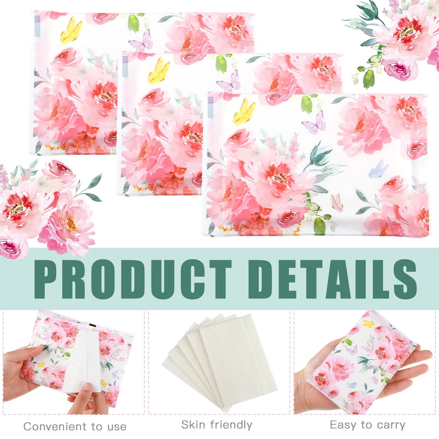 Geyee 50 Packs Tissue Travel Size Facial Paper Napkins Travel Packs Disposable Pocket Tissues for Wedding Guest Traveling School Purse Home Supplies, 500 Sheets 3 Ply(Spring Floral)