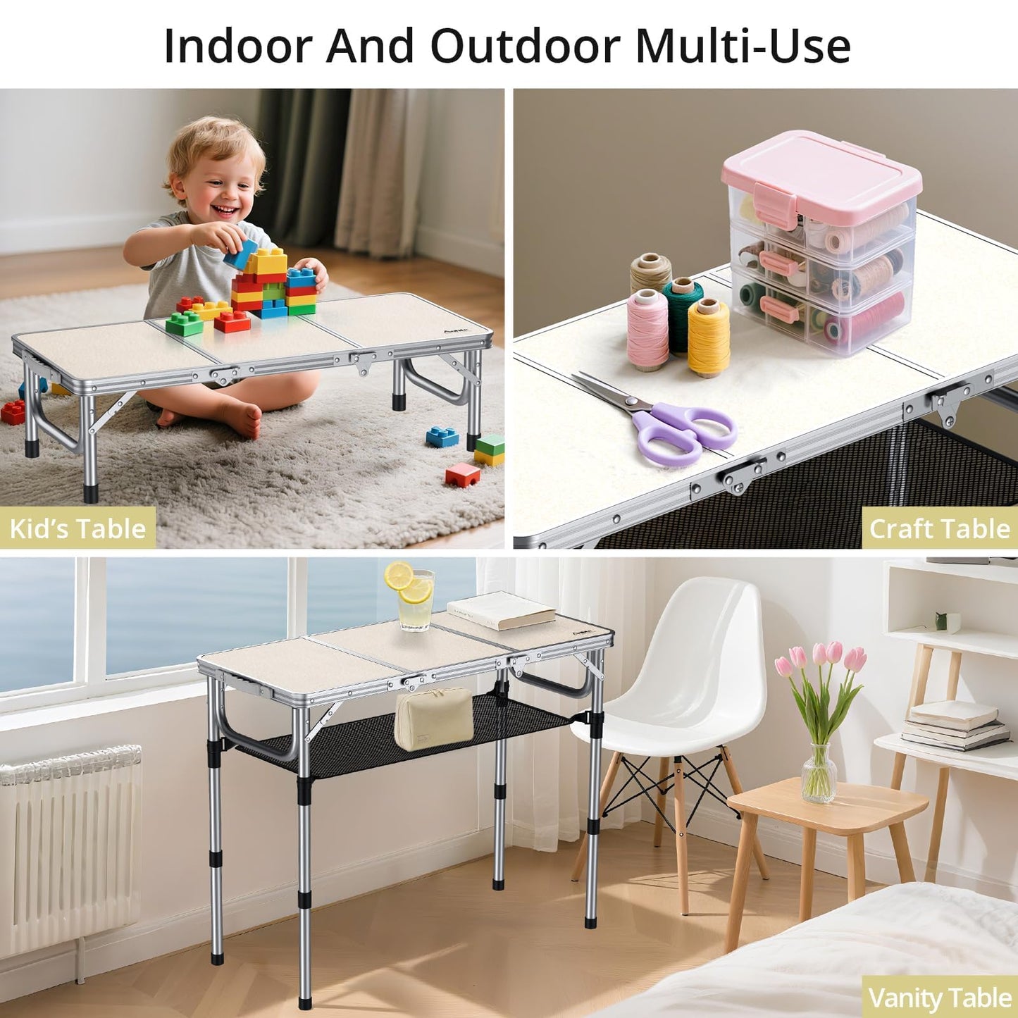 Anbte Camping Table, Camping Folding Table Aluminum Folding Table with 3 Adjustable Height Max 27.1 inch Portable Picnic Table with Storage Net and Bag for Outdoor, Backyard, 34.6" X 16", Silver