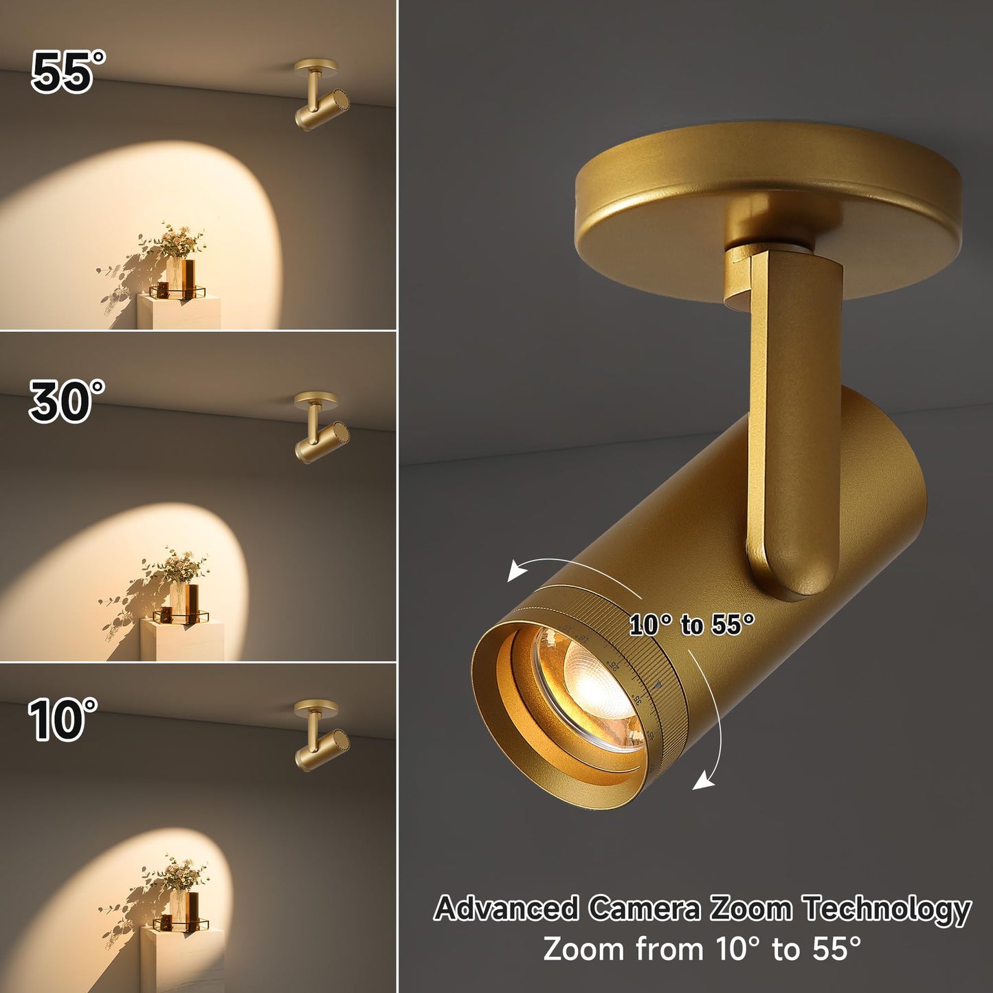 Opulux 12W LED Dimmable Zoomable Ceiling Spotlight Indoor – Adjustable Surface Mount Accent Light for Corridor, Living Room, Plants & Painting | Warm White 3000K CRI 97, Flicker-Free, Gold