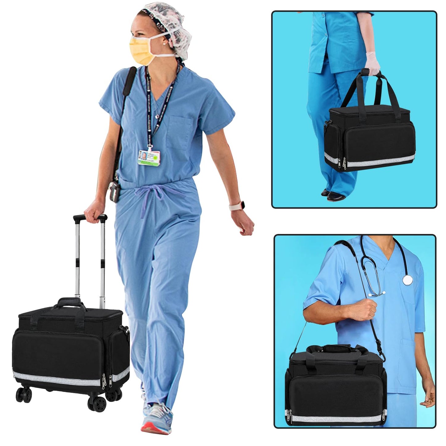 Gatycallaty Medical Trolley Bag with Wheels EMT EMS First Responder Nurse Home Health Bag Homecare Physician Traveling Field Trips Camping Hiking Scout Troop with Compartments Removable (Black)