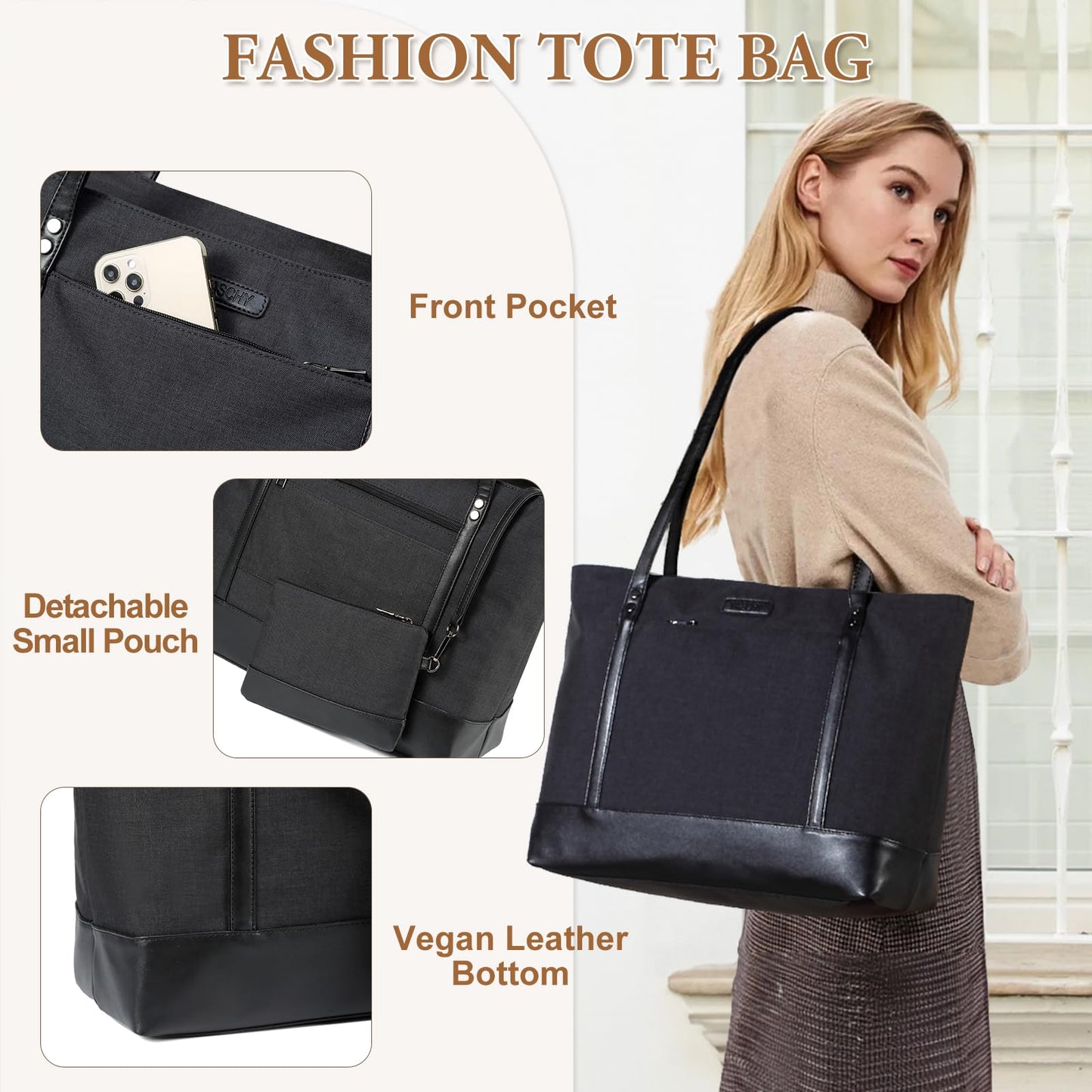 Laptop Tote Bag for Women, Vaschy 15.6 inch Large Work Tote Water Resistant Office Computer Bag Professional Women Handbag Shoulder Bag for Business Travel Teacher College Black