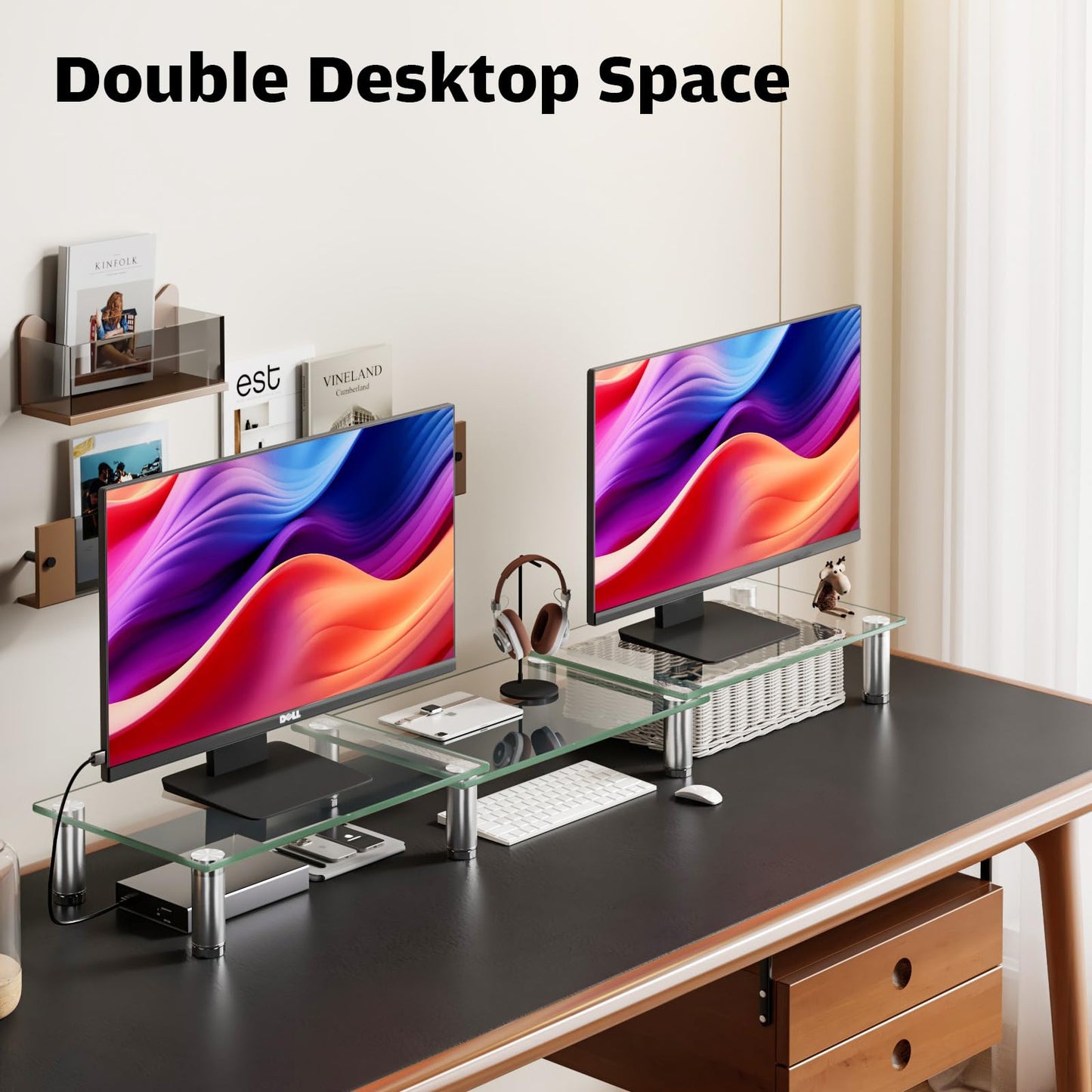 Hemudu Dual Monitor Stand -Adjustable Length and Angle Dual Monitor Riser, Computer Monitor Stand, Desktop Organizer, Monitor Stand Riser for PC, Computer, Laptop (Clear)
