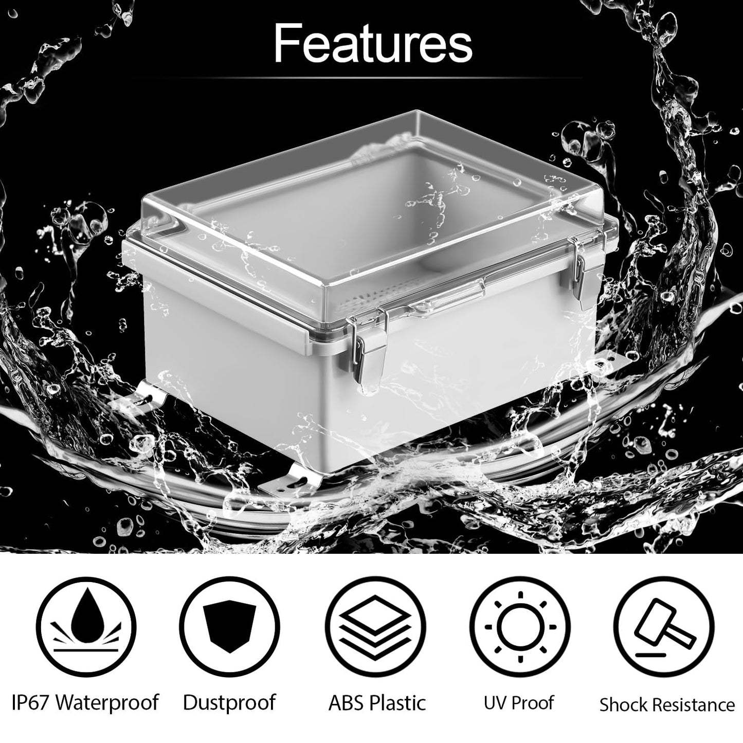 LeMotech ABS Junction Box Hinged Clear Cover Stainless Steel Latch IP67 Waterproof Enclosure with Mounting Plate Wall Bracket for Electrical Project 8.7x6.7x4.3 inch (220x170x110mm)