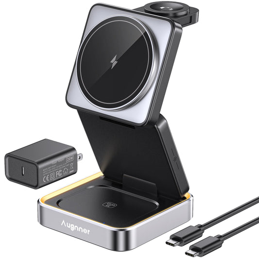 2025 Upgraded Wireless Charger 3 in 1, 15W Fast Foldable Wireless Charging Station with Light for Apple MagSafe, Compatible for iPhone 17/16/15/14/13/12 Apple Watch AirPods 3/2/Pro (20W Adapter)
