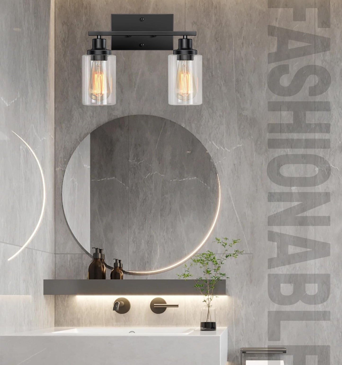 Bathroom Light Fixtures Over Mirror, 2-Light Black Vanity Light, Modern Vanity Lights for Bathroom with Clear Glass Shade, E26 Standard Vanity Lights with Metal Frame for Bedroom Hallway Living Room