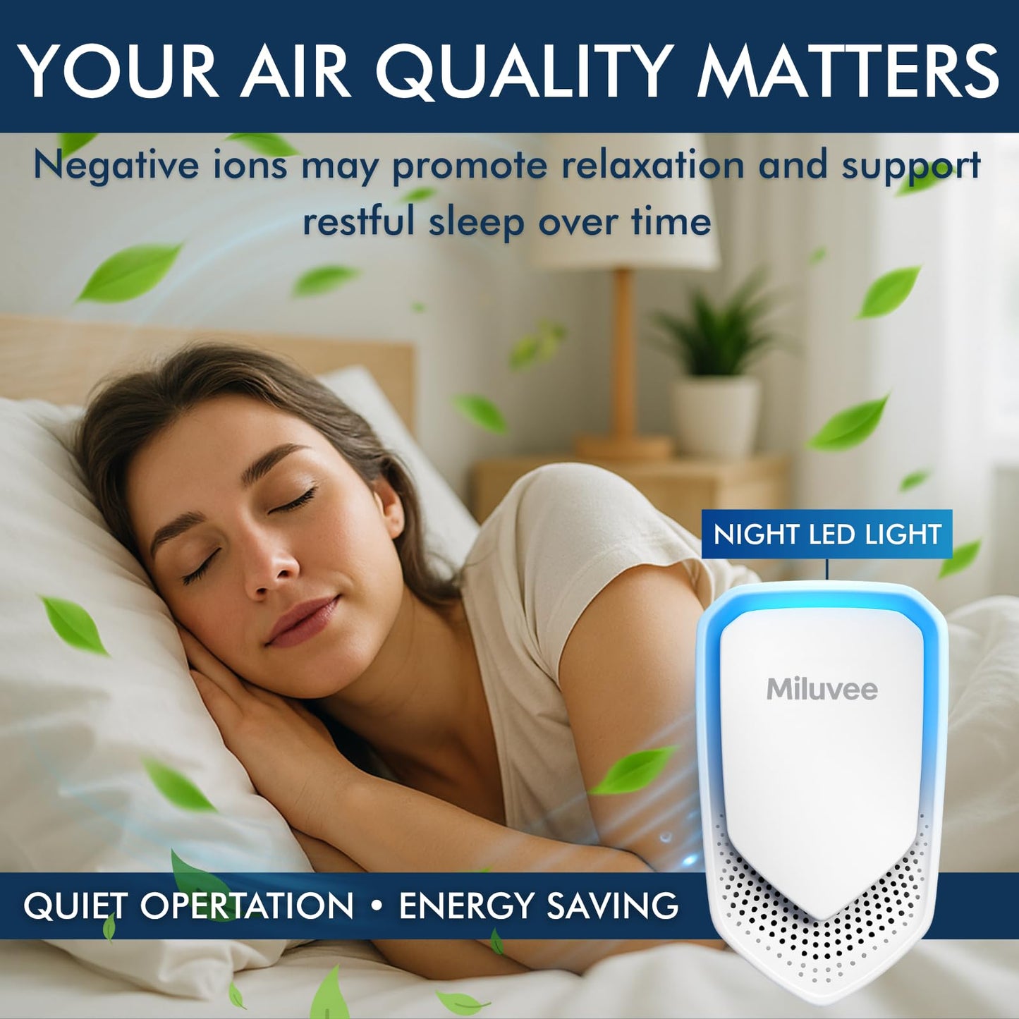 Miluvee Premium Plug In Air Ionizer (2 Pack), Negative Ion Air Purifier for Bedroom, Kitchen & Office | Air Cleaner for Smoke, Dust, Pollen, Pet Dander & Allergen, Mini Odor Eliminator & Air Freshener
