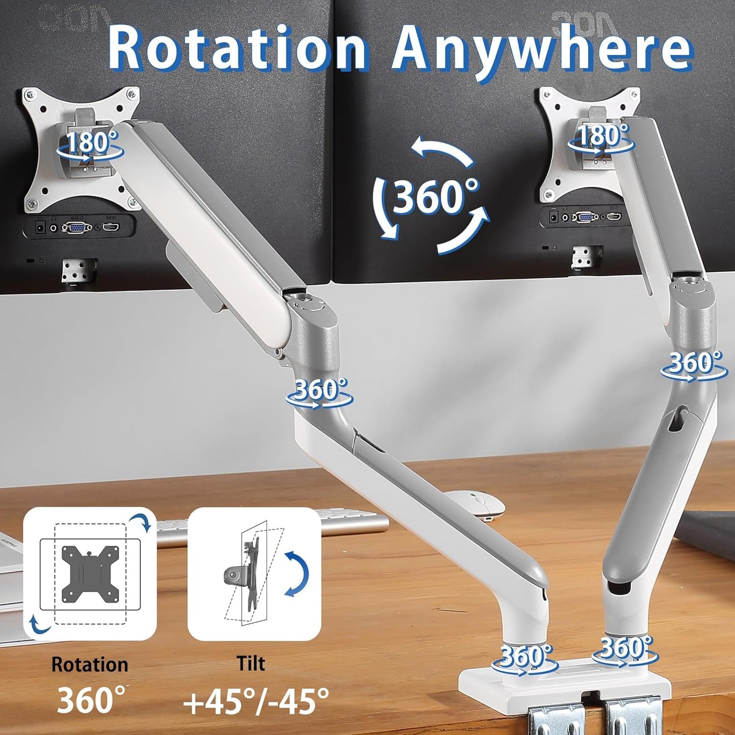 ETHU Heavy Duty Monitor Arm, Gas Spring Monitor Stand for 17-45 Inch Screens up to 37.4 lbs, Adjustable Monitor Mount with C-Clamp & Grommet Base, Ergonomic Computer Monitor Mount (Dual White)