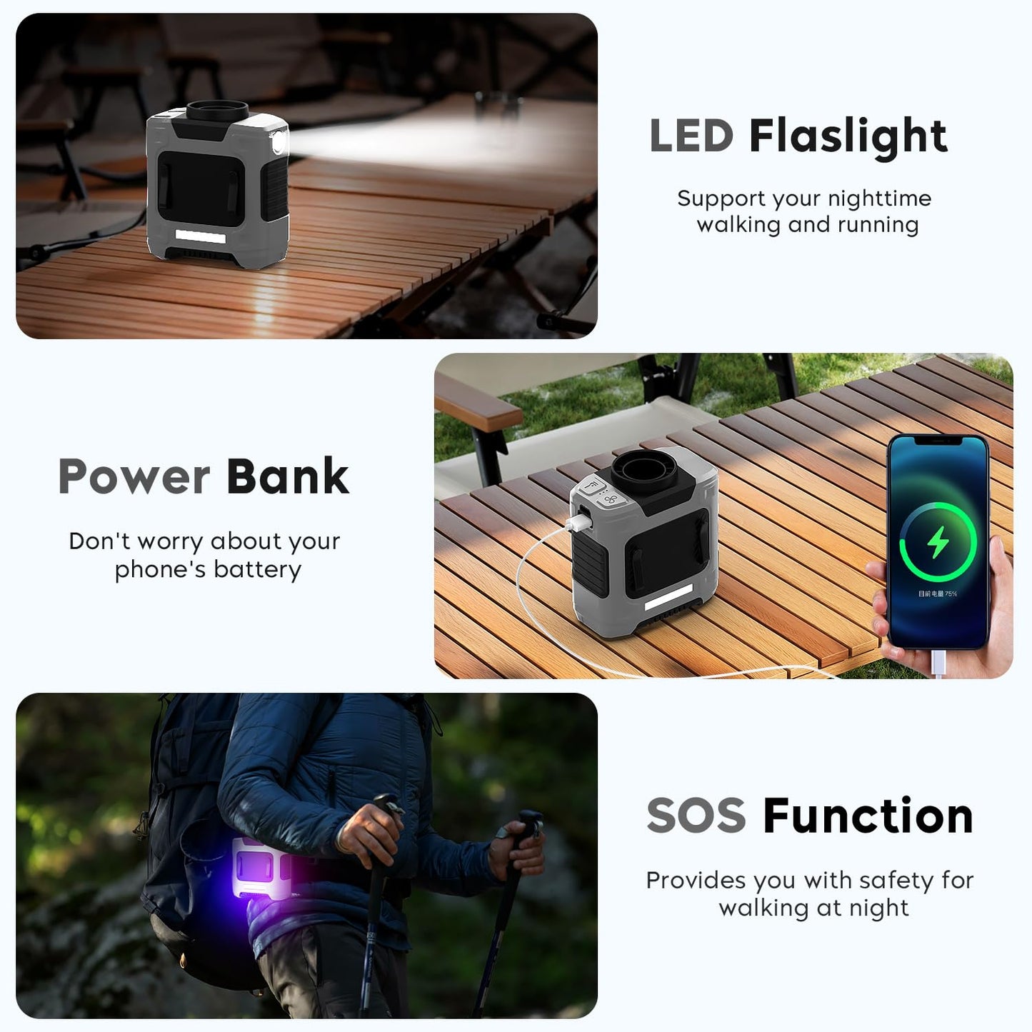 2025 Upgrade Portable Fan 10000mAh Rechargeable Portable Waist Clip Fan 18000RPM Neck Fan With Max 12H Working Time, 3-speed adjustment with LED flashlight Portable Fan for Outdoor Jobsite (Gray)