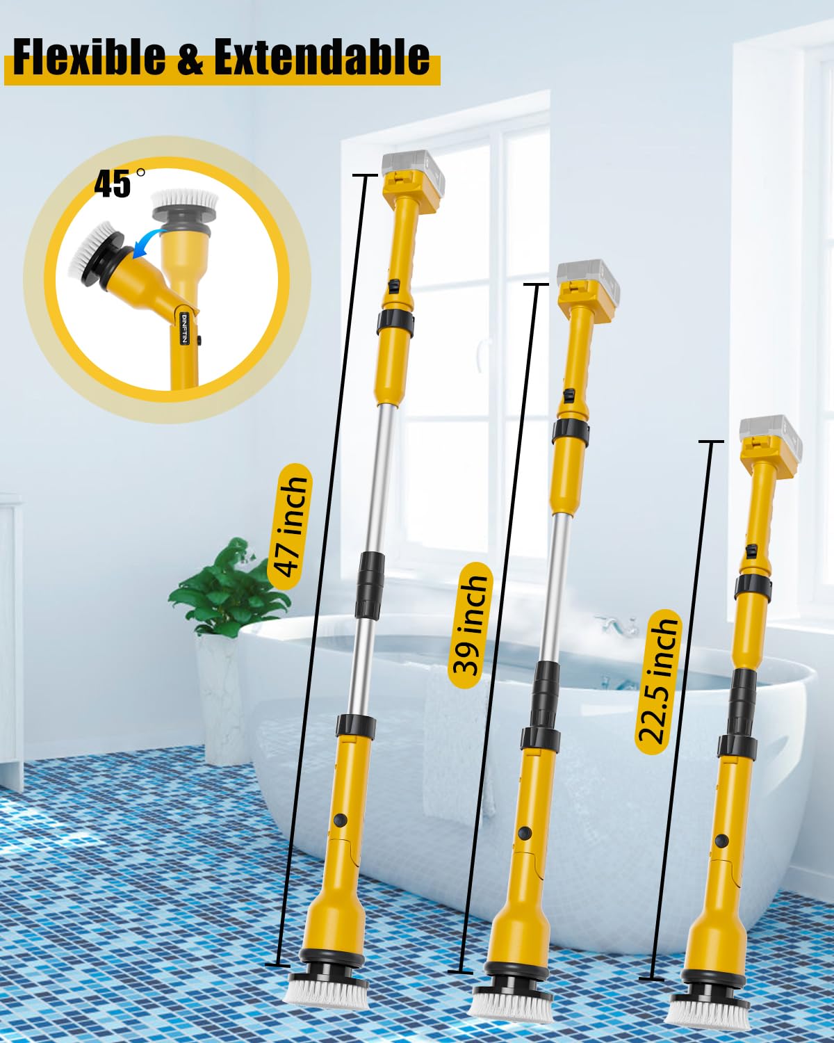 1000RPM Electric Spin Scrubber Compatible for DeWALT 20V Battery (No Battery), Cordless Cleaning Brush with Adjustable Extension Arm, 8 Replaceable Cleaning Heads, Gloves - for Bathroom/Tub/Tile