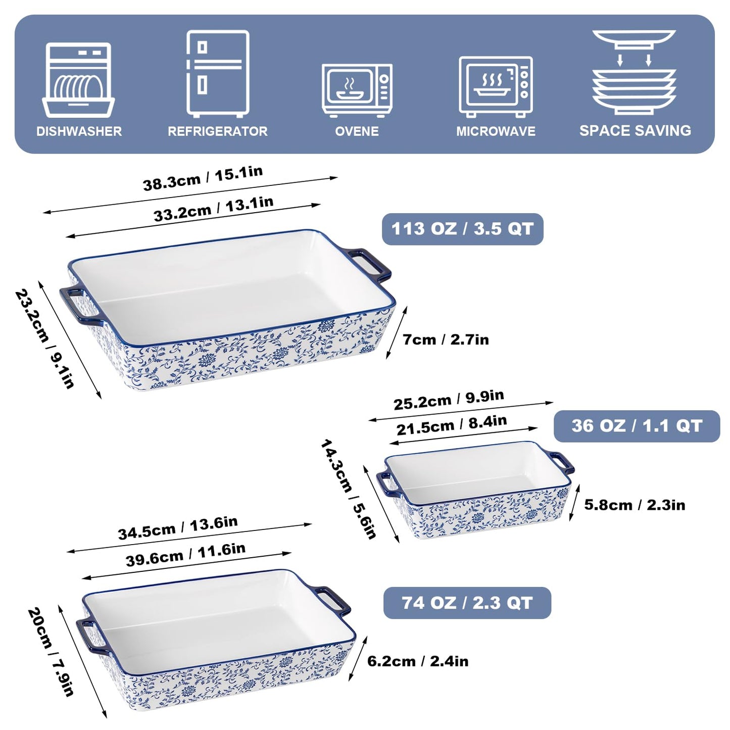 Cerkik Ceramic Bakeware Set - Casserole Dish Baking Dishes for Oven - Rectangular Lasagna Pans with Handles for Kitchen Cooking - Microwave & Dishwasher Safe - Set of 3 (15.1''/13.6''/9.9'') - Blue