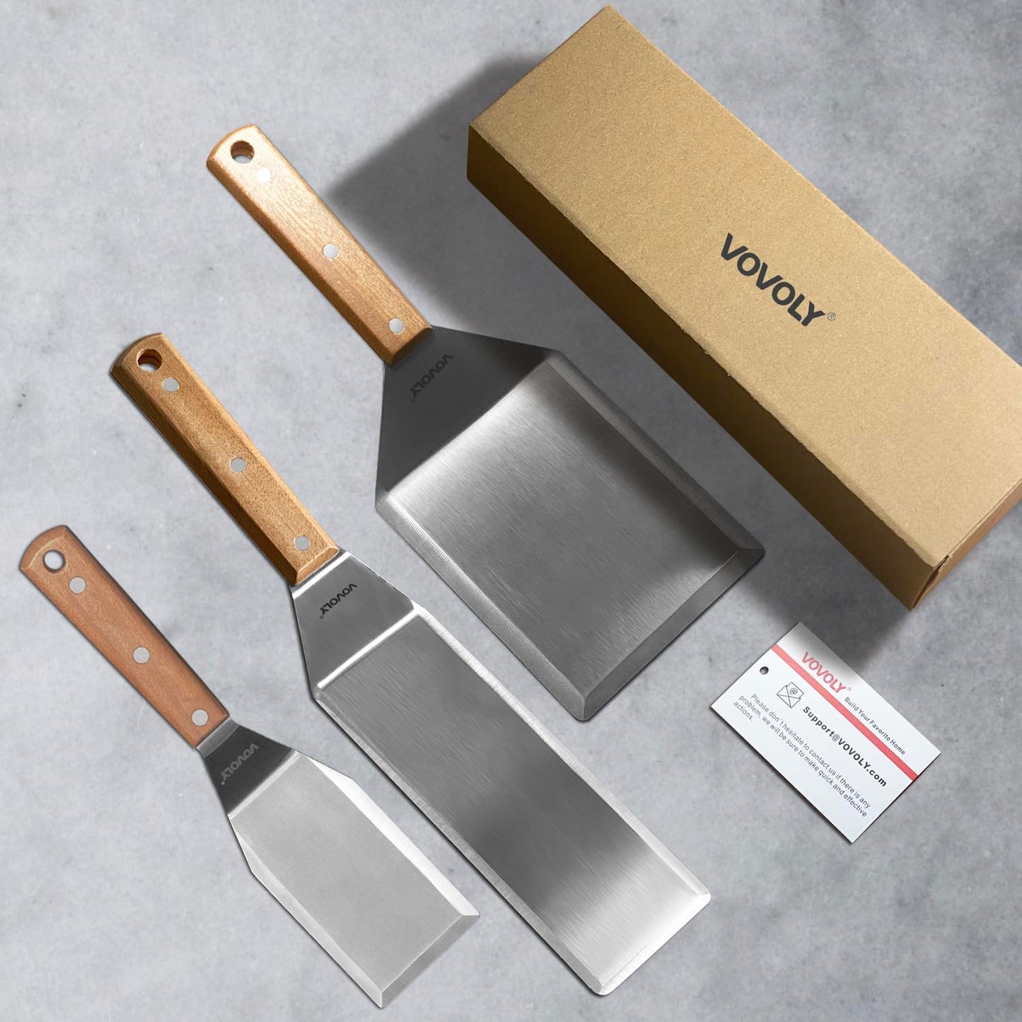 Vovoly Stainless Steel Spatula Set, Heavy Duty Grill Spatula with Full Tang Wooden Handle, Beveled Edges, Perfect for Cast Iron Griddle BBQ Flat Top Grill, Pancake, Burgers