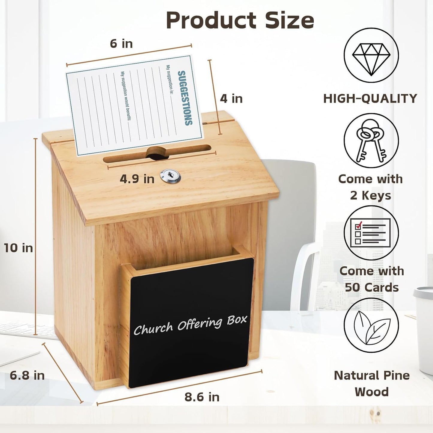 ZENFUN Wooden Suggestion Box with 50 Free Suggestion Cards, Natural Pinewood Ballot Comment Container Donation Box with Locking Hinged Lid for Countertop or Wall Mounted, 8.6" x 6.8" x 10"
