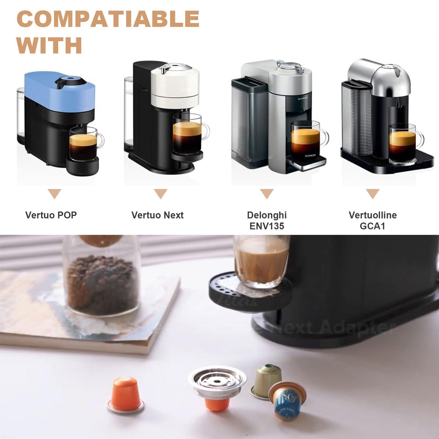 Reusable Coffee Capsule Adapter for Nespresso Vertuo Machines, Stainless Steel Coffee Pod Adapter with 4 Stickers, Compatiable with Vertuo POP/Vertuo Next/Delonghi ENV135/ Vertuolline GCA1 (80 ml)