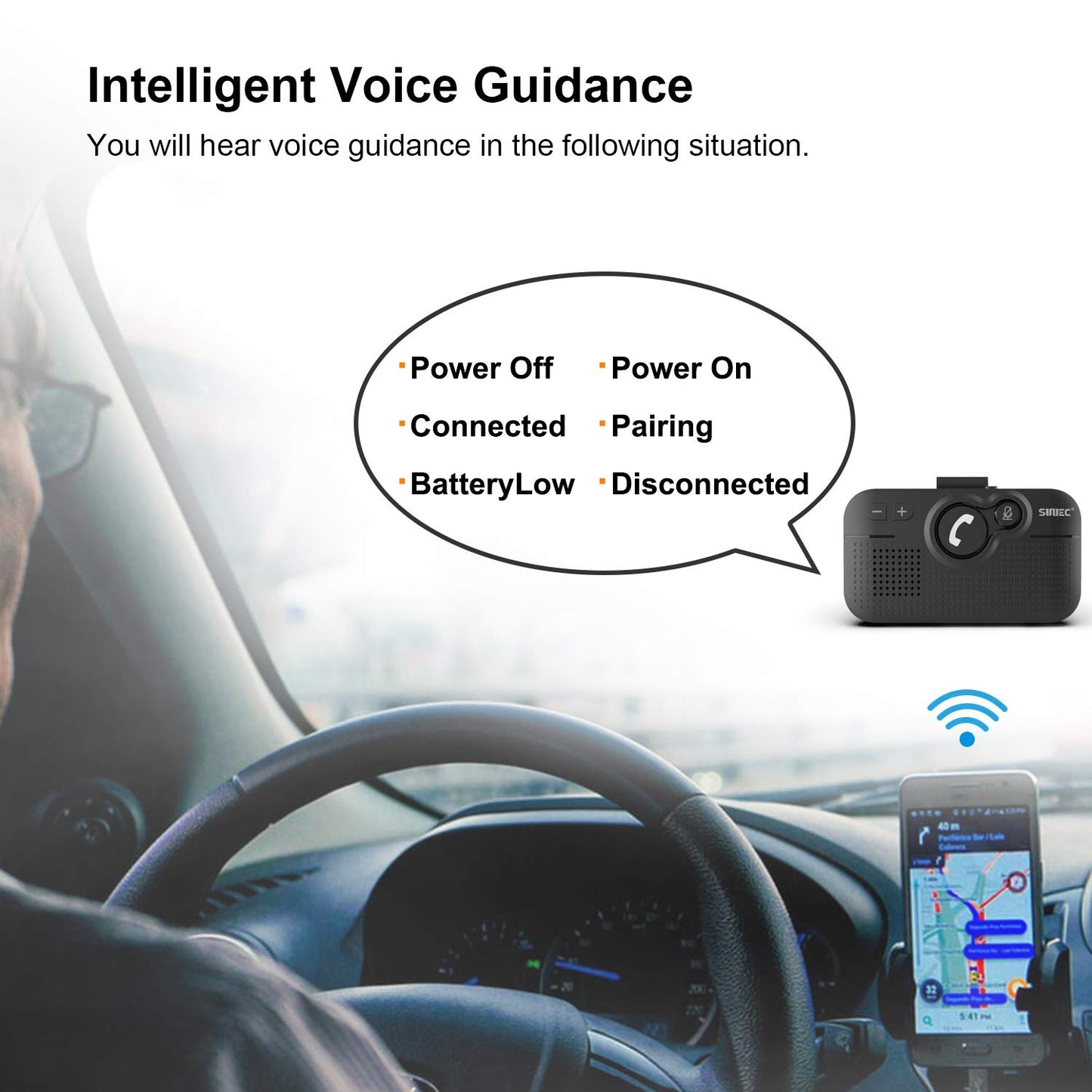 SUNITEC Hands Free Bluetooth for Cell Phone Car Kit, AUTO Power ON Bluetooth Phone Speaker for Car, Support Siri Voice Assistant Wireless in-Car Speakerphone with Visor Clip - BC980SA
