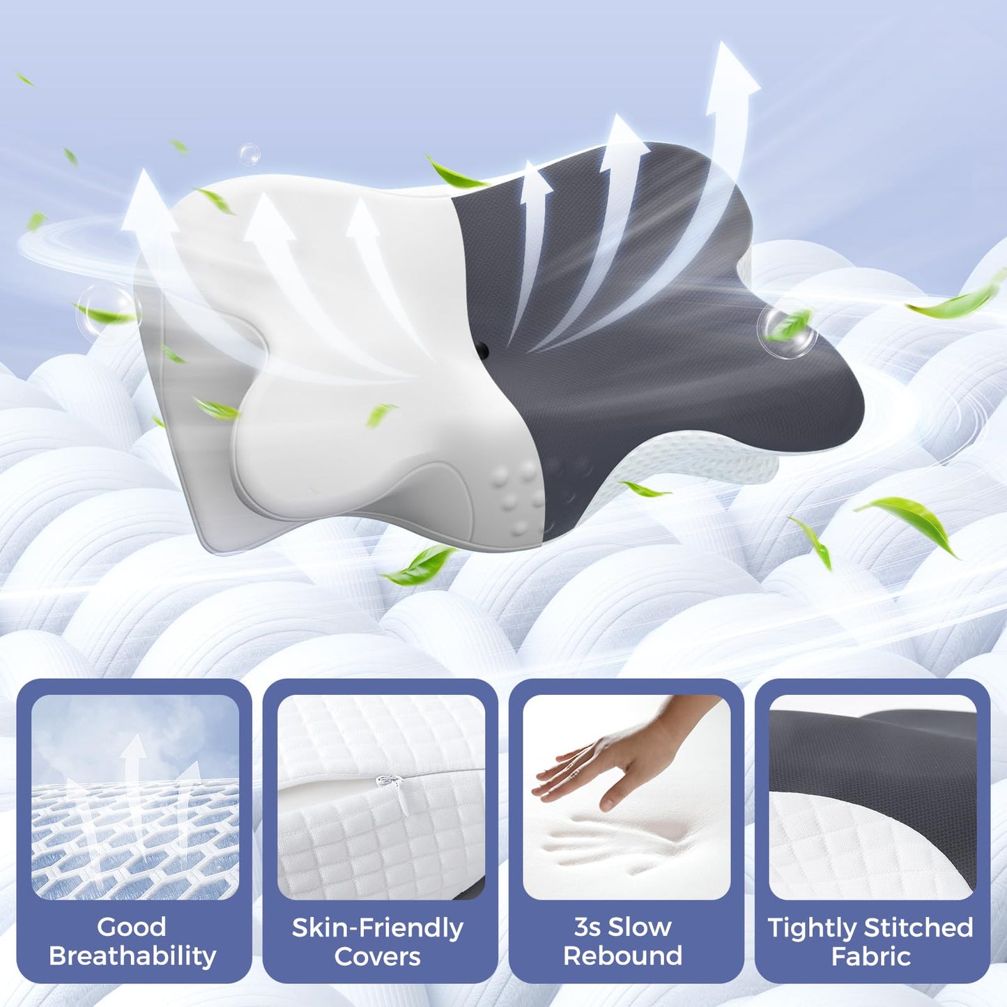 BNXIANG Cervical Neck Pillow for Pain Relief, Ergonomic Neck Support Pillow for Sleeping, Contour Orthopedic Side Sleeper Pillow for Back Stomach Sleepers Bed Pillow,Memory Foam Pillow