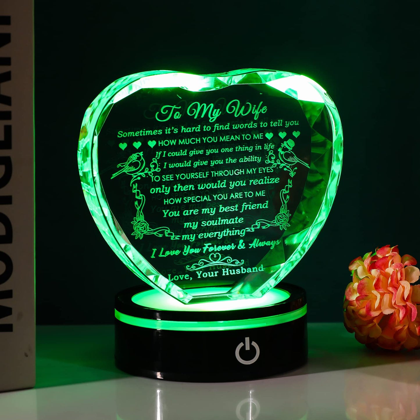 YWHL Gifts for Wife: Crystal Heart Keepsakes with LED Base - I Love You Gifts for Her from Husband