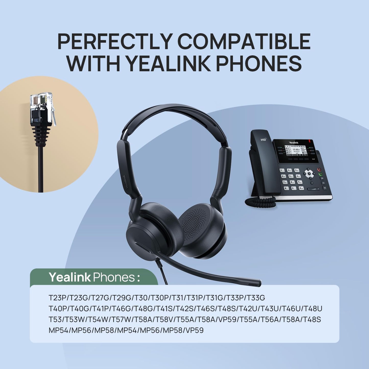 Yealink Phone Headsets for Office Phones YHS36 E2 QD to RJ9 Wired Headset Compatible with Poly Snom Grandstream Phones Desk Landline VoIP Headset with Microphone -Mono/81g/2.1m Cable