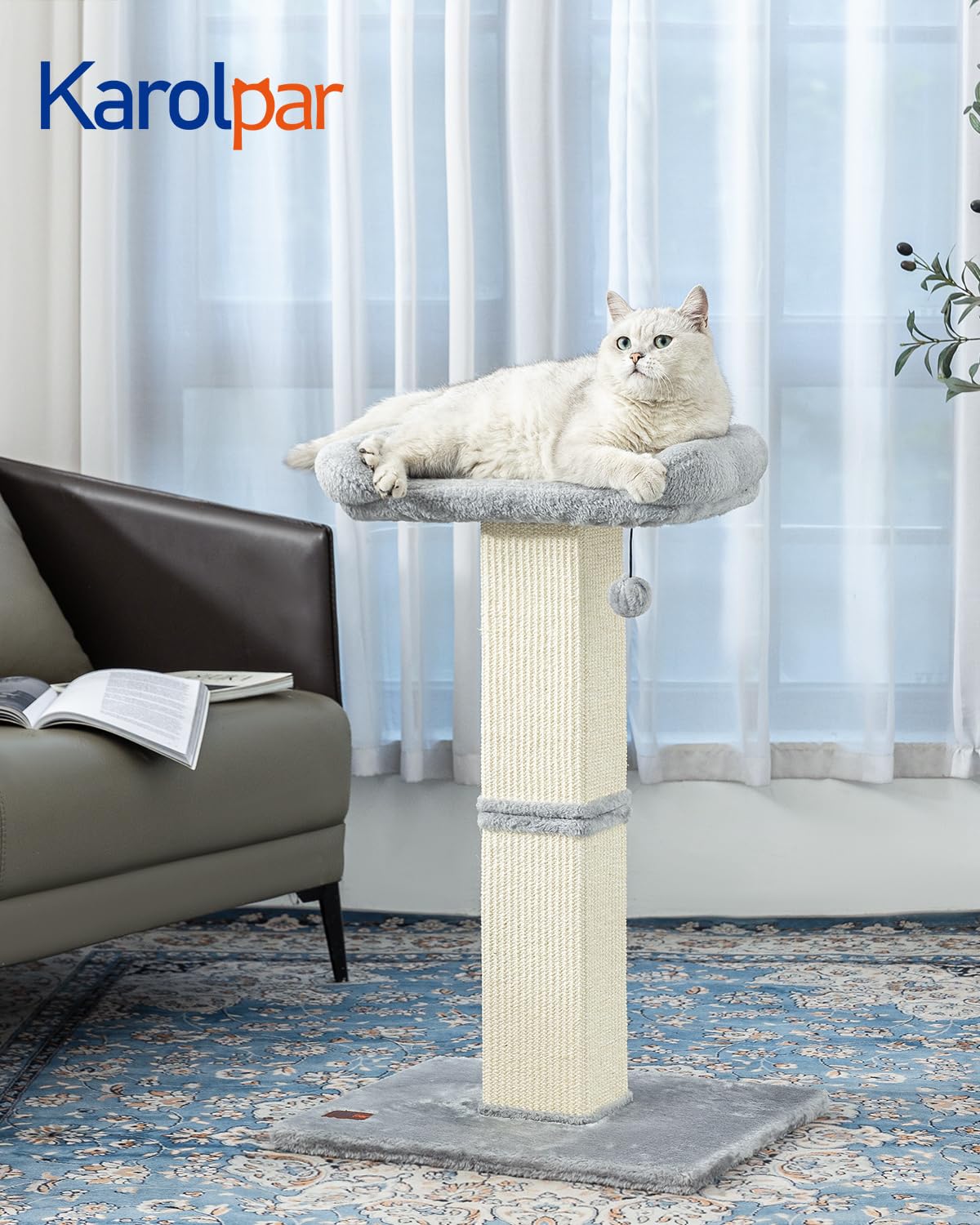 Karolpar 32" Cat Scratching Post for Indoor Cats, Sisal Cat Scratcher with Plush Perch, Large Scratch Post with Bed, Removable Cover, Sisal Fabric (Gray)
