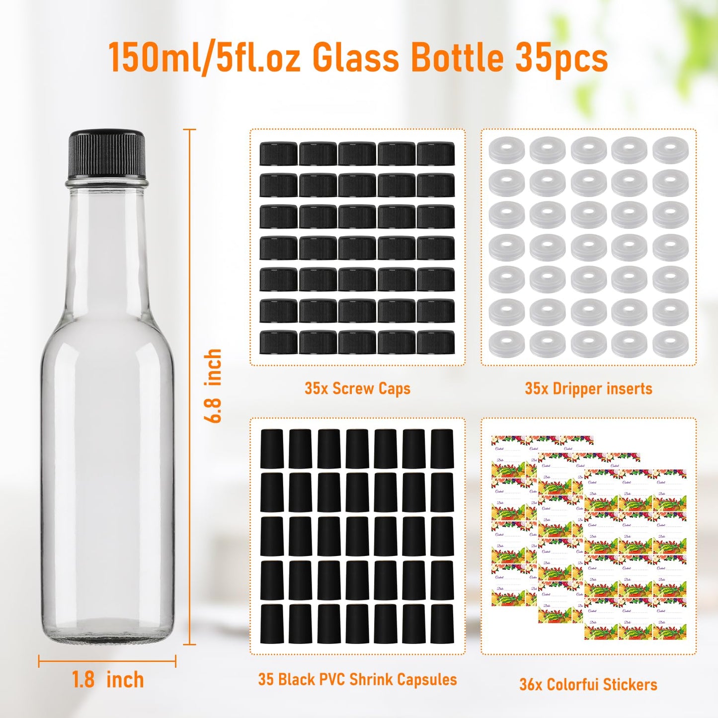 EkkoVla 35 Pack 5 oz Clear Glass Hot Sauce Bottle with Black Caps and Orifice Reducers, Clear Woozy Bottles Empty Wine Bottles with Shrink Capsules Colorful Stickers