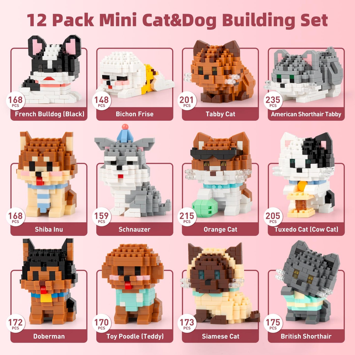 IBLOTIME Party Favors Micro Animal Building Sets Easter 12 Mini Cat Dog Figures 2189 PCS Micro Bricks Creative Building Kit Display Gift Christmas Birthday Ages 14+