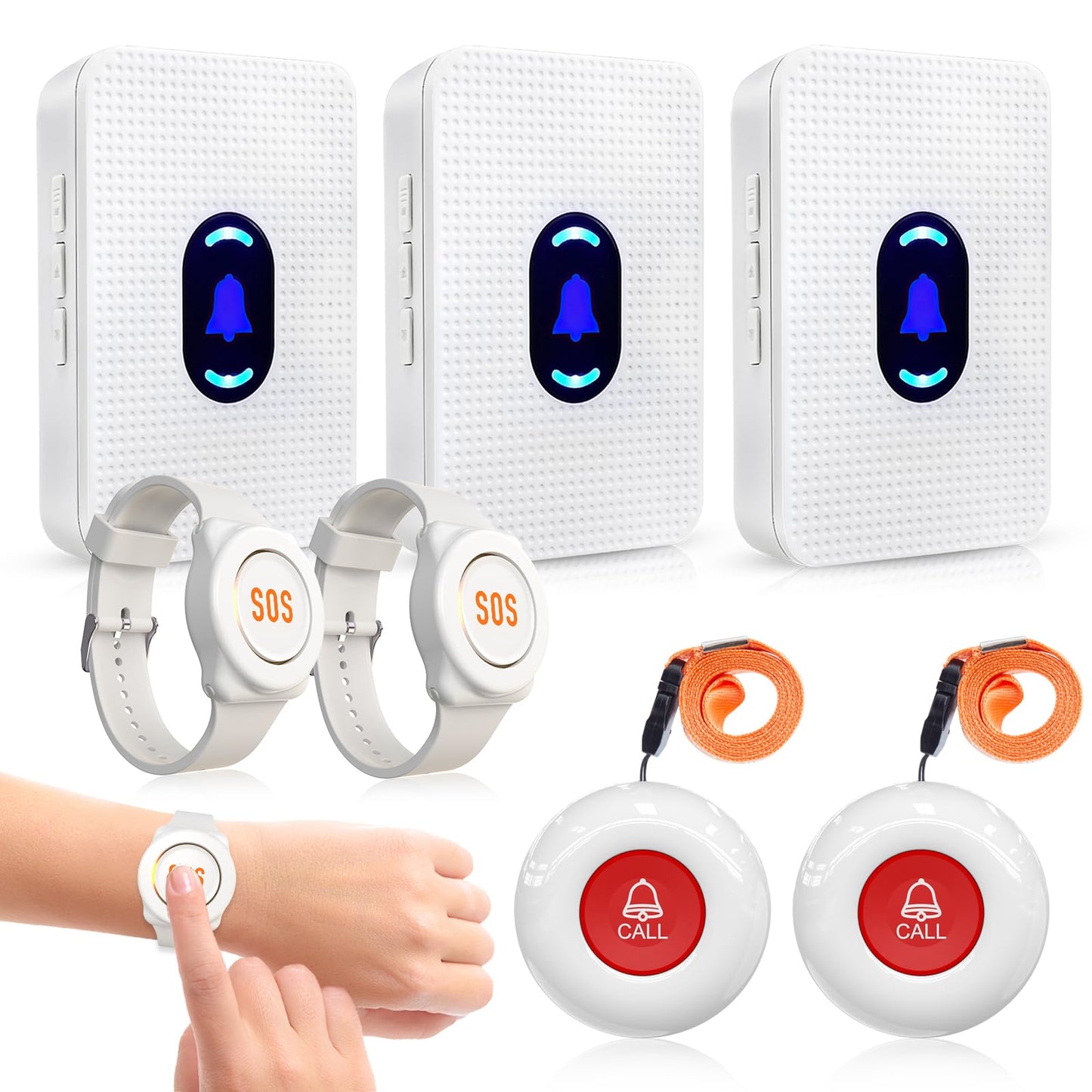 Daytech Caregiver Pager Wireless Senior Alarm Call Button Emergency Panic Button Call Bell Alert System for Elderly/Pregnant/Disabled, 3 Receivers + 4 Transmitters