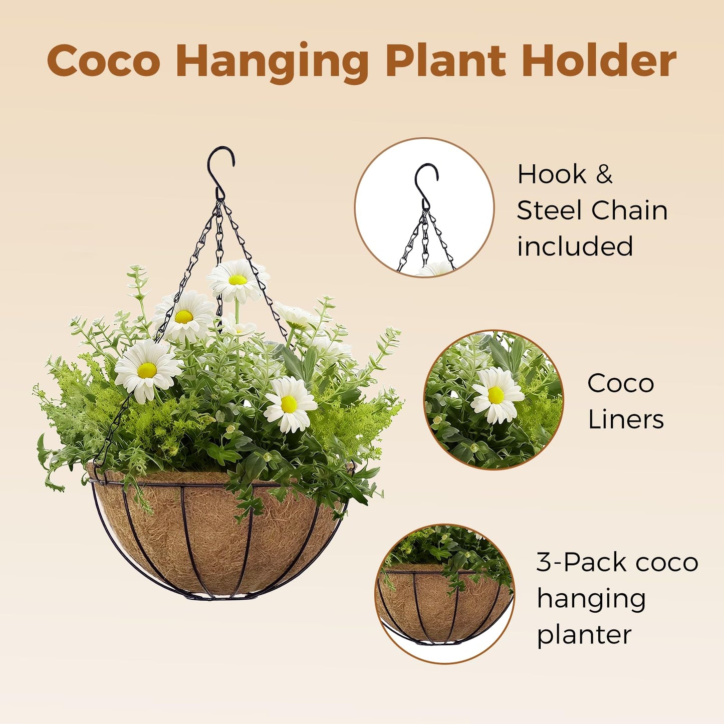 Bamworld 4 Pack 12 Inch Hanging Planter with Coconut Coir Liner and Chain, Black Metal Wire Plant Hangers Indoor for Garden Patio Balcony Porch Decor, Supports up to 20 Pounds
