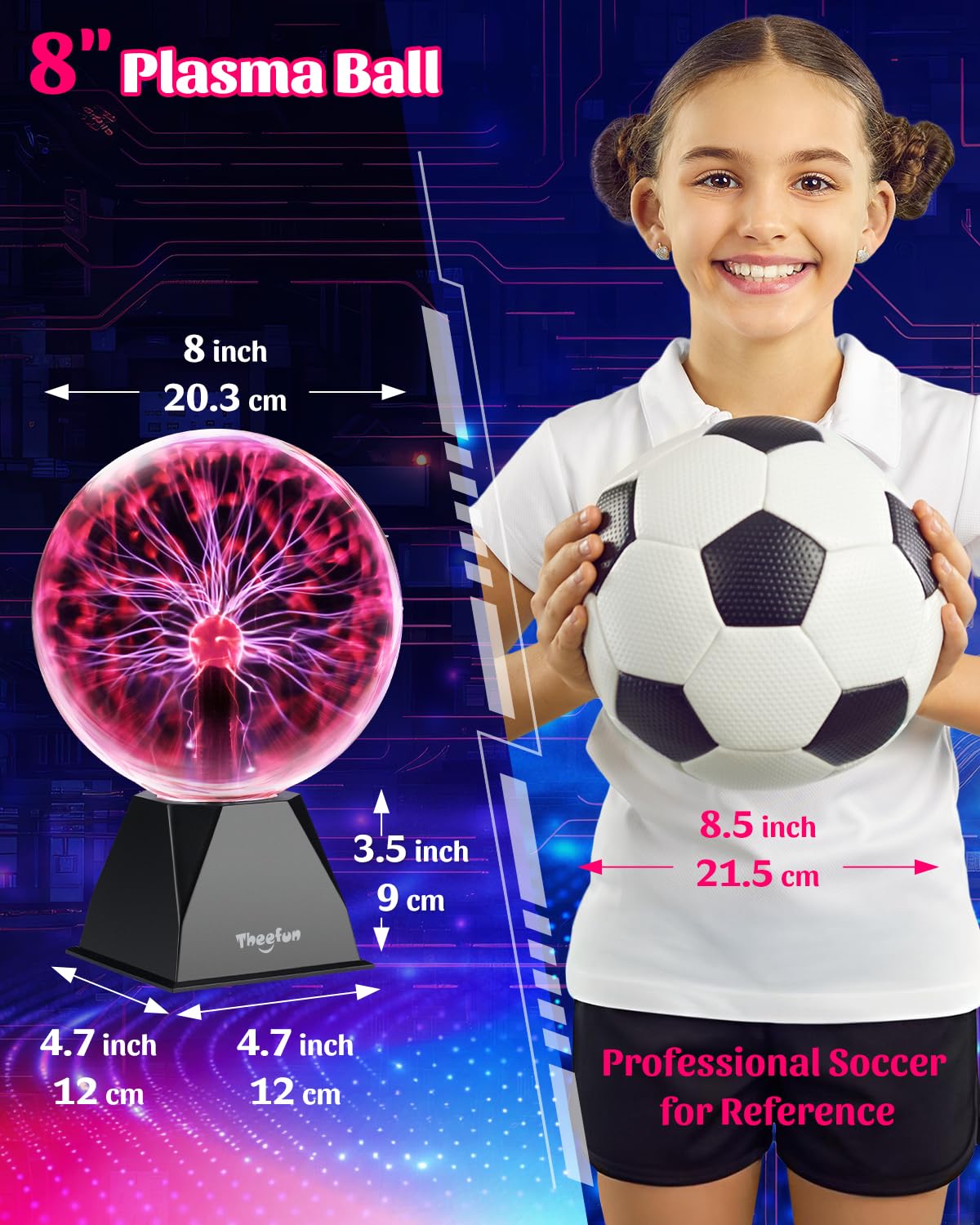 Theefun Plasma Ball: 8 Inch Plasma Globe Touch & Sound Sensitive Plasma Ball Lamp Electric Ball Lightning Novelty Gifts for Parties, Home, Prop, Decoration, Birthday