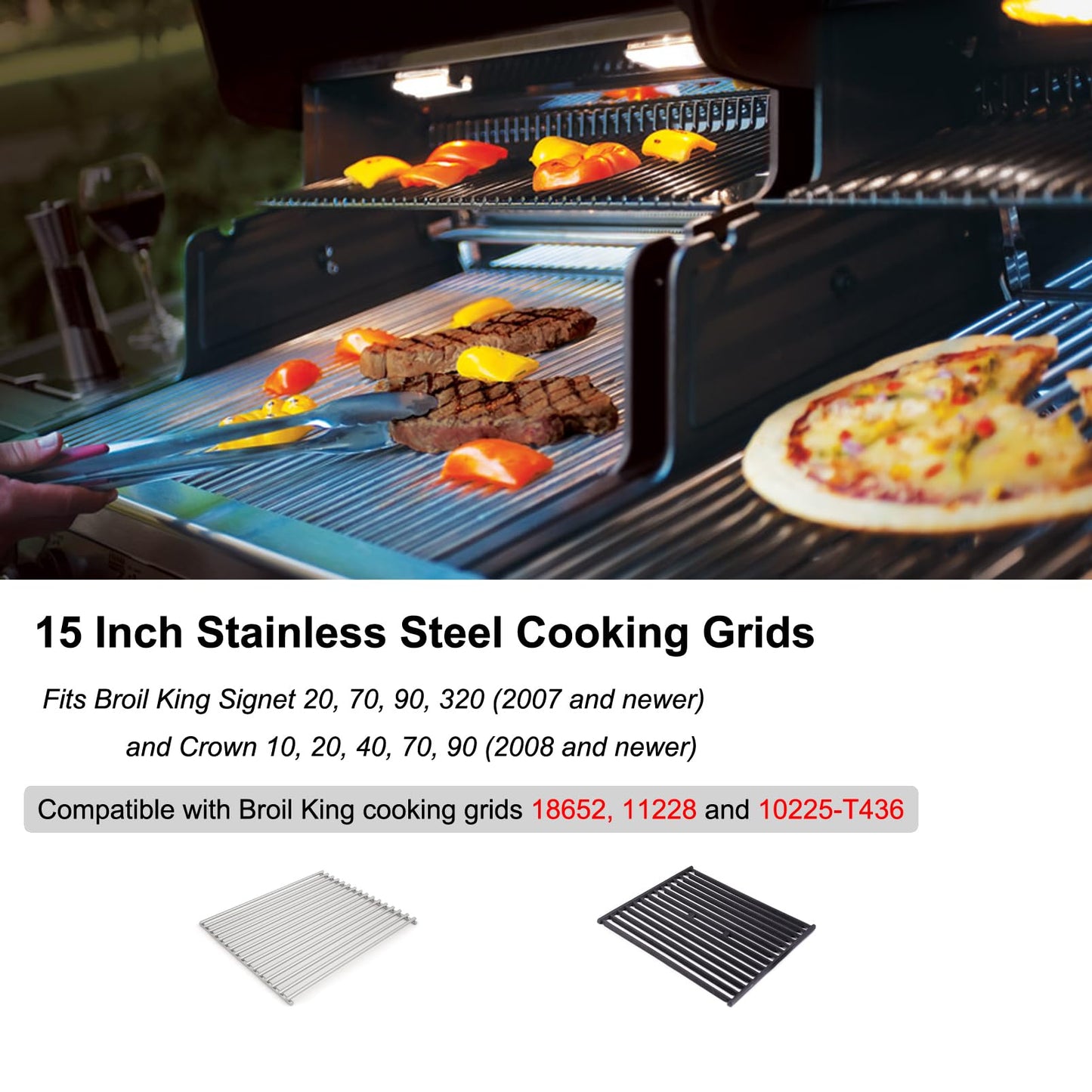 BBQSAVIOR SG57 BBQ Grates for Broil King Signet 20, 70, 90, 320 (2007 and Newer), Broil Mate, Huntington Replacement Parts 18652 Stainless Steel Cooking Grates Grids 15 inch x 12 3/4 inch, 2-Pack